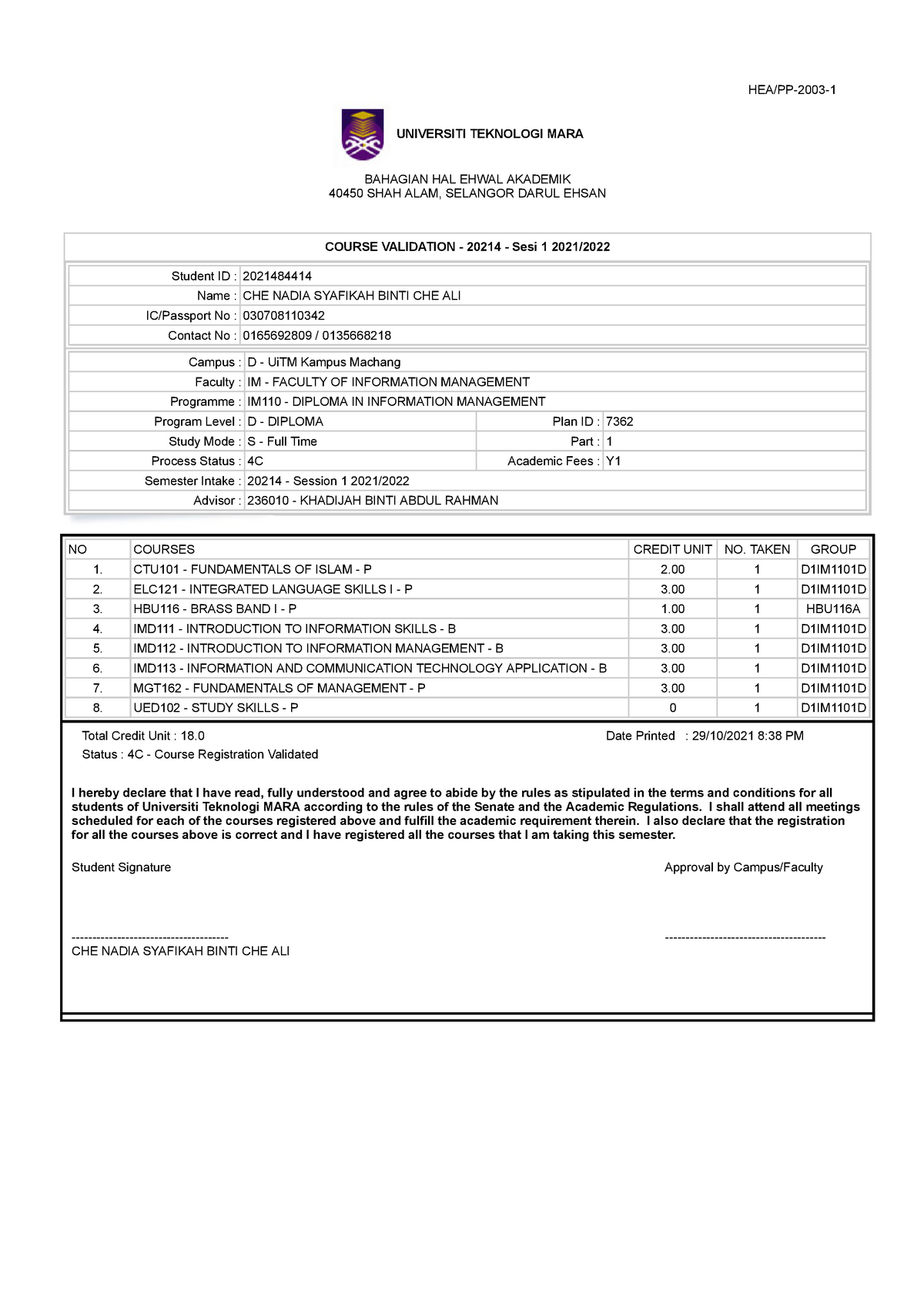 Course Registration SLIP - Final - Information Technology Management ...