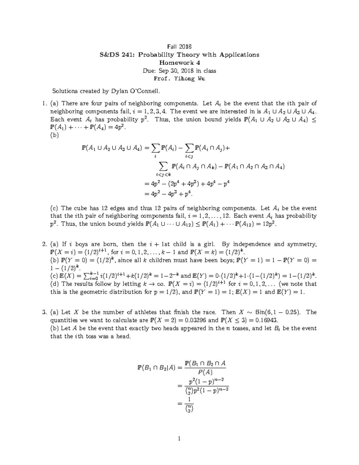 Hw4 solutions - hw 4 - Fall 2018 S&DS 241: Probability Theory with ...