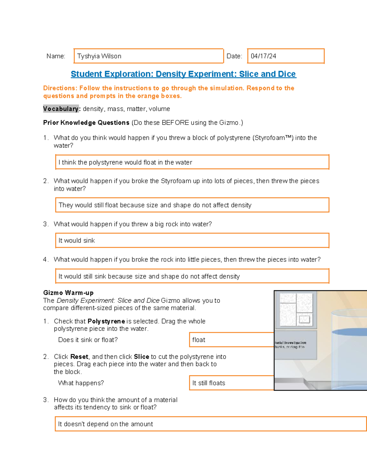 SE Density Experiment Gizmo - Name: Tyshyia Wilson Date: 04/17/ Student ...