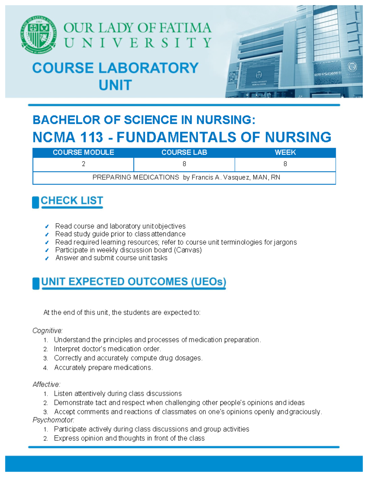 Funda Course Lab Module 8 Med Prep - BACHELOR OF SCIENCE IN NURSING ...