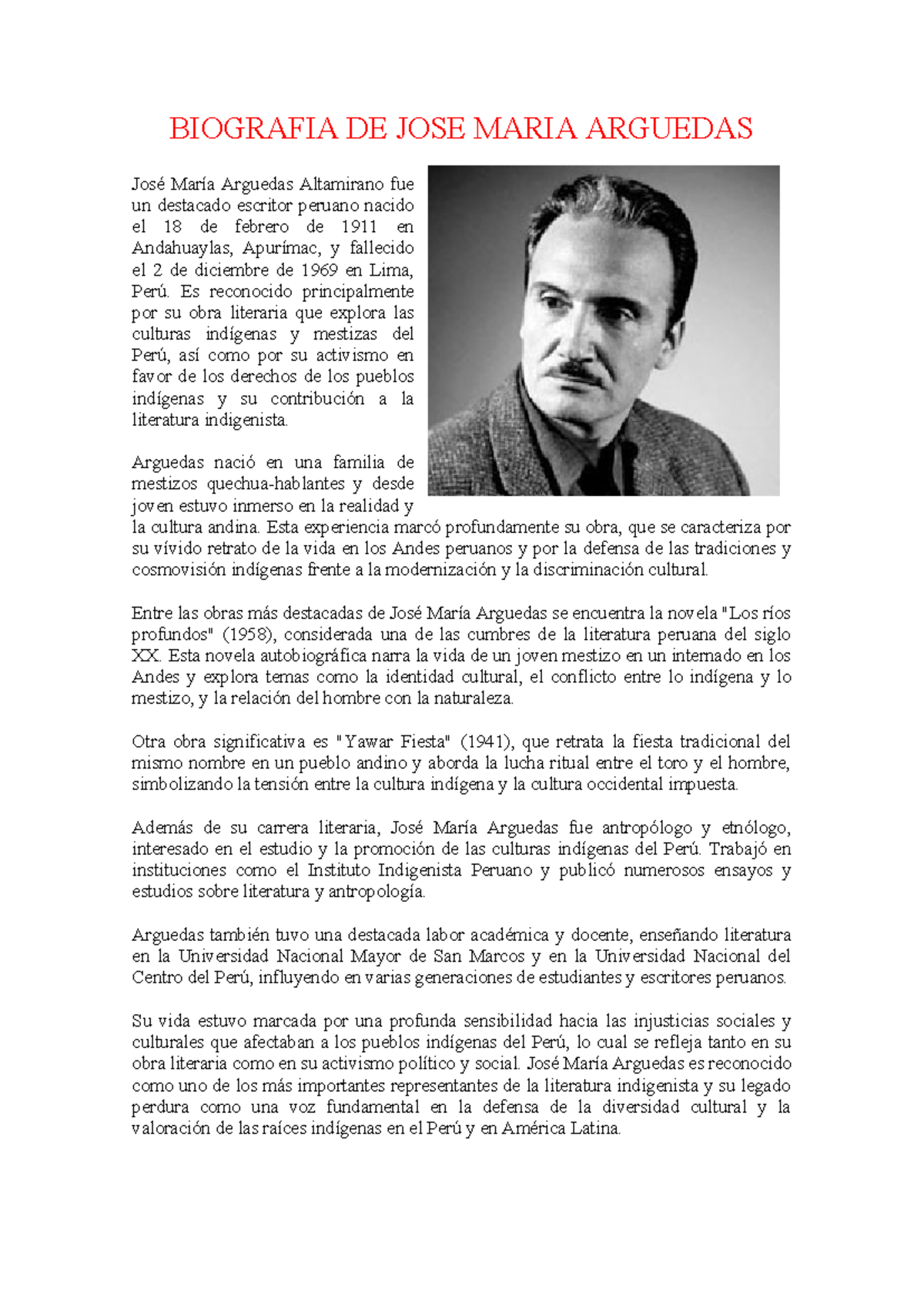 Biografia De Jose Maria Arguedas Biografia De Jose Maria Arguedas José María Arguedas