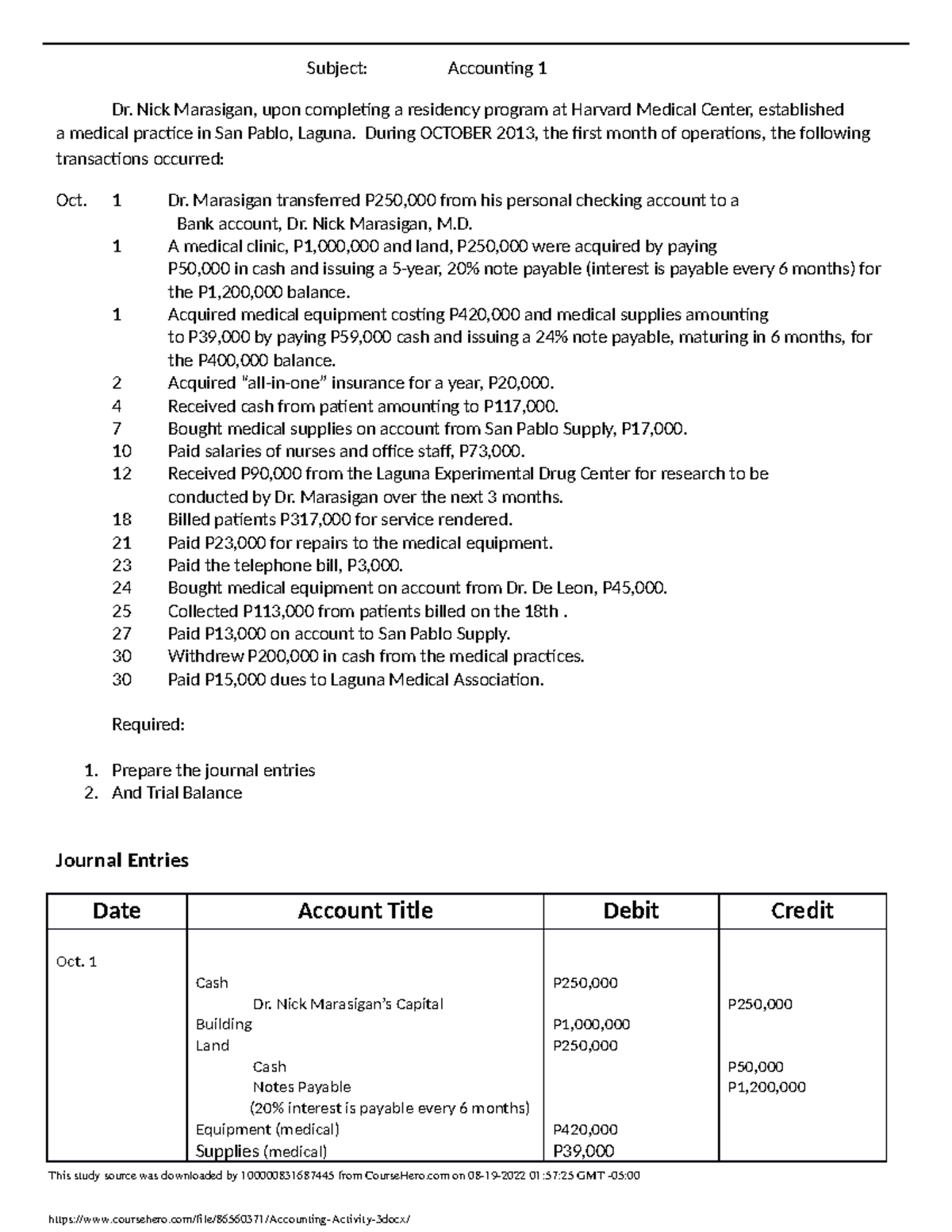 Accounting Activity 3 - Answer key - Subject: Accounting 1 Dr. Nick ...
