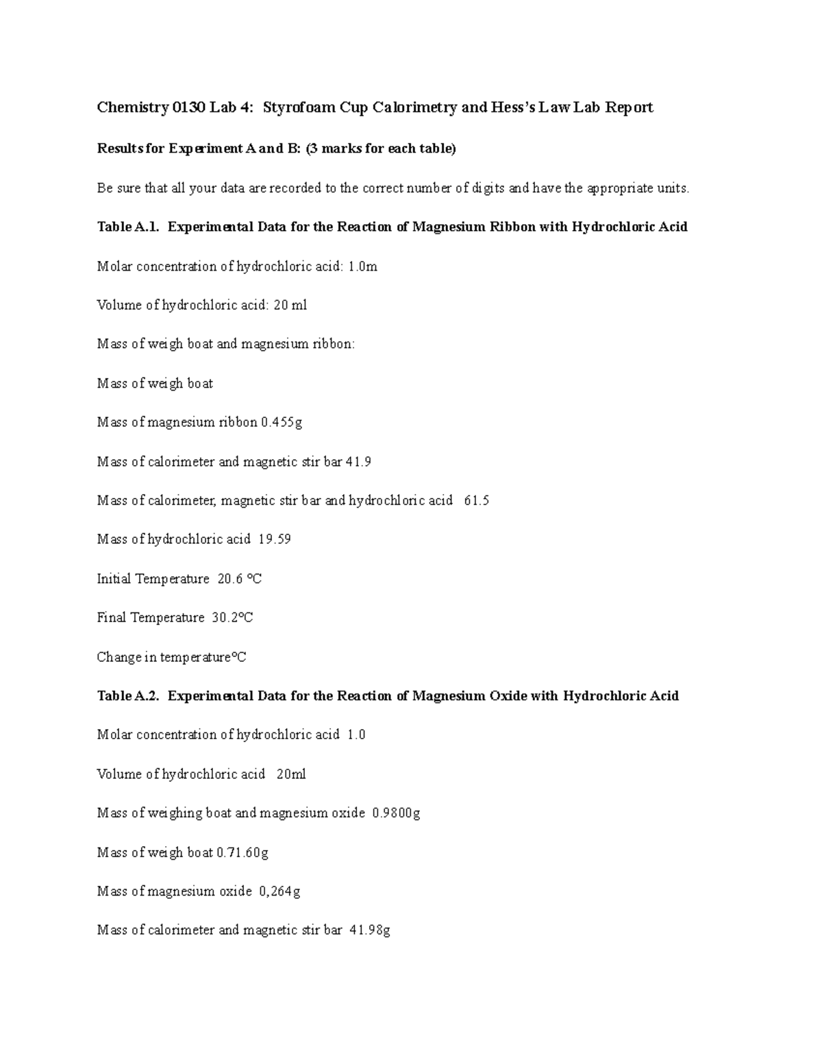 Lab 4 Styrofoam Cup Calorimetry and Hess’s Law Lab Report Table A