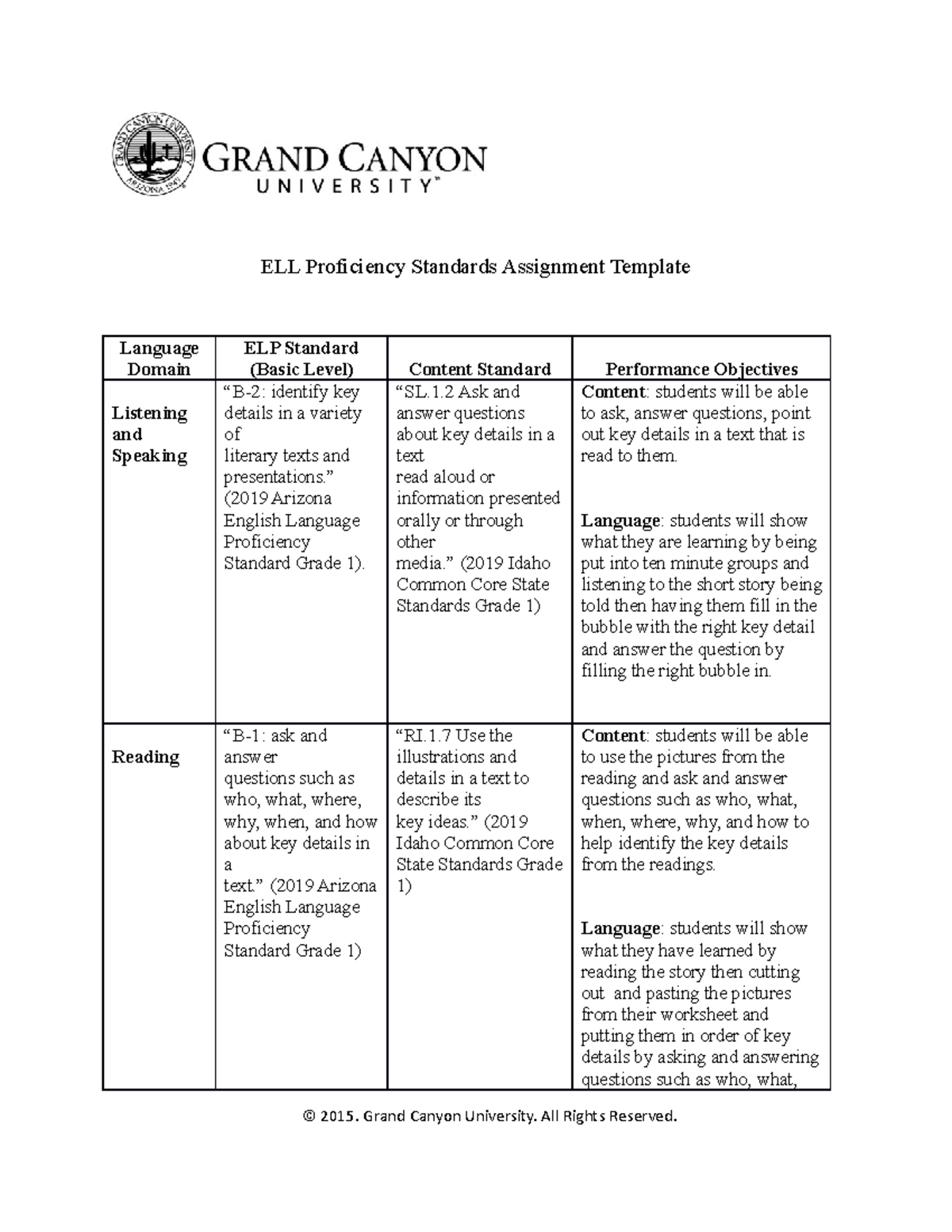 Ell proficiency standards assignment template picture