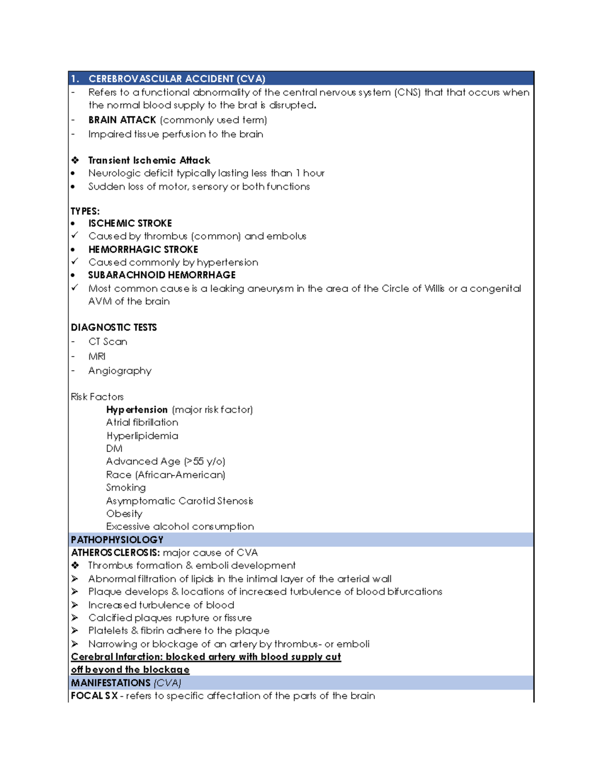 Cerebrovascular Accident - 1. CEREBROVASCULAR ACCIDENT (CVA) - Refers ...