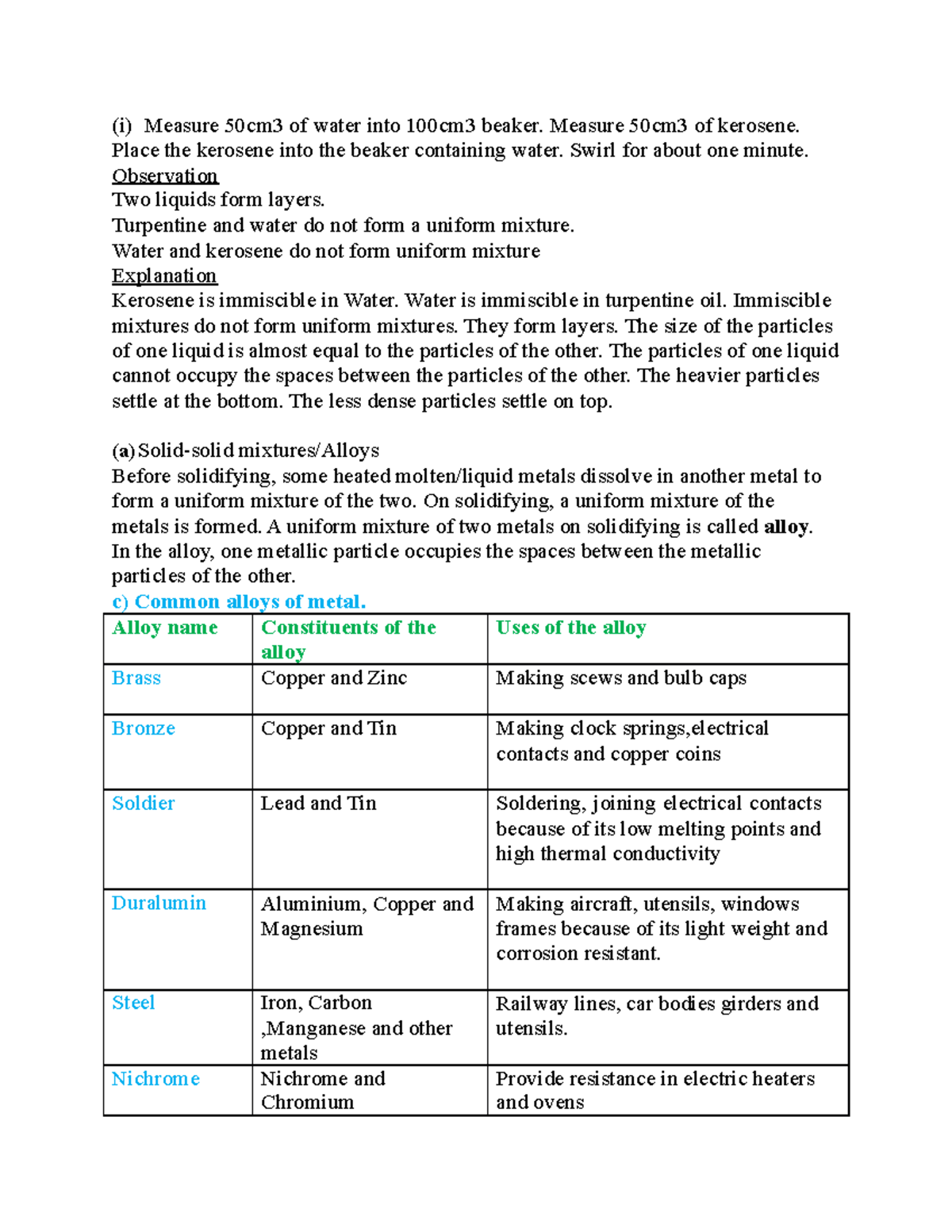 Notes of 10 grade Chemistry Class - (i) Measure 50cm3 of water into ...