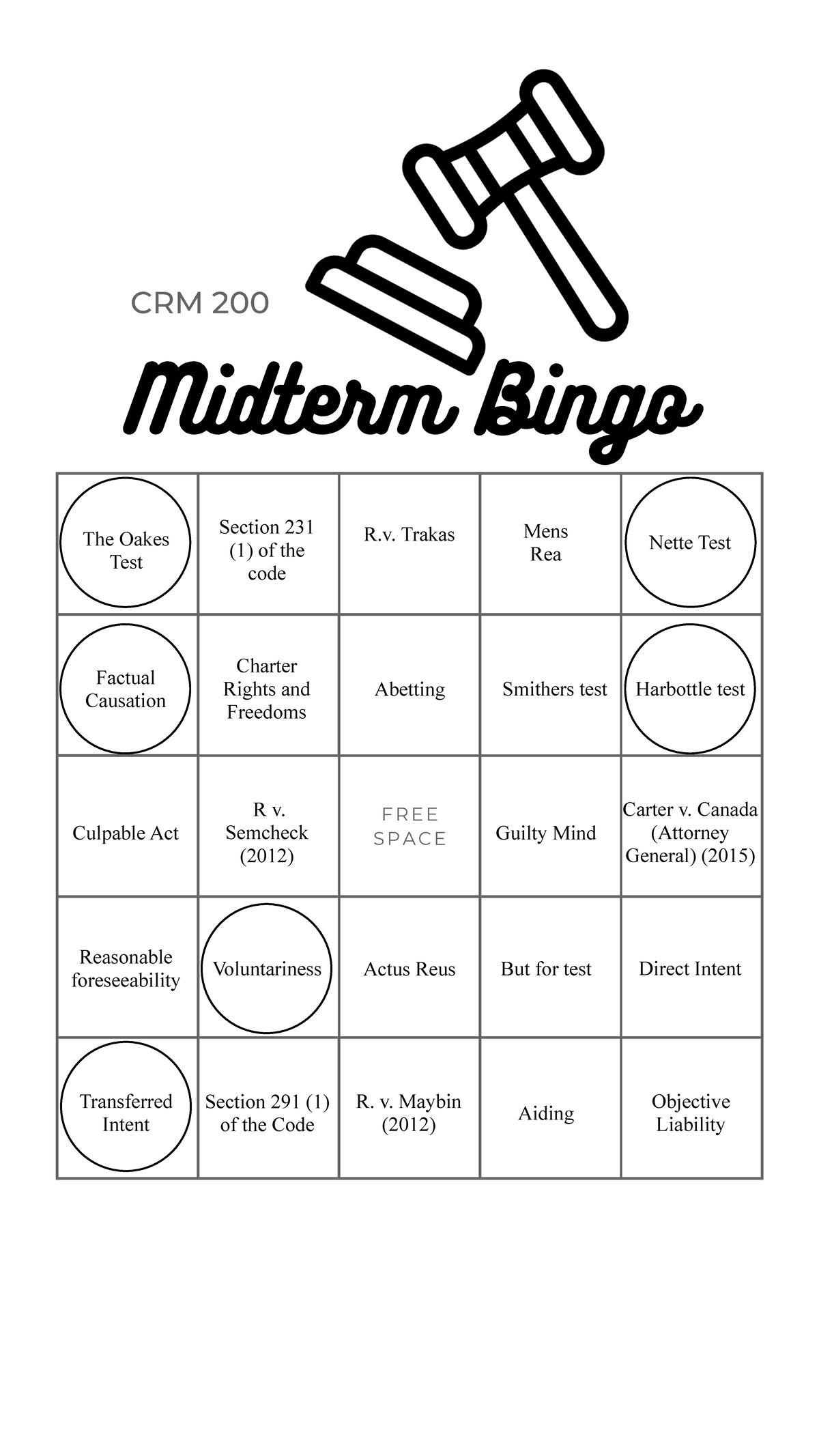 CRM 200 bingo inclass exercise Wdw205H1 Midterm Bingo CRM 200 F