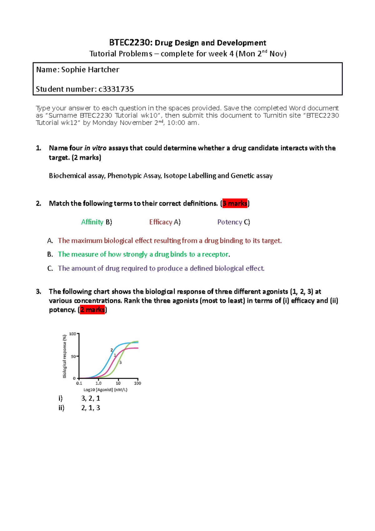 BTEC2230 Week 8 Tutorial questions - BTEC2230: Drug Design and ...