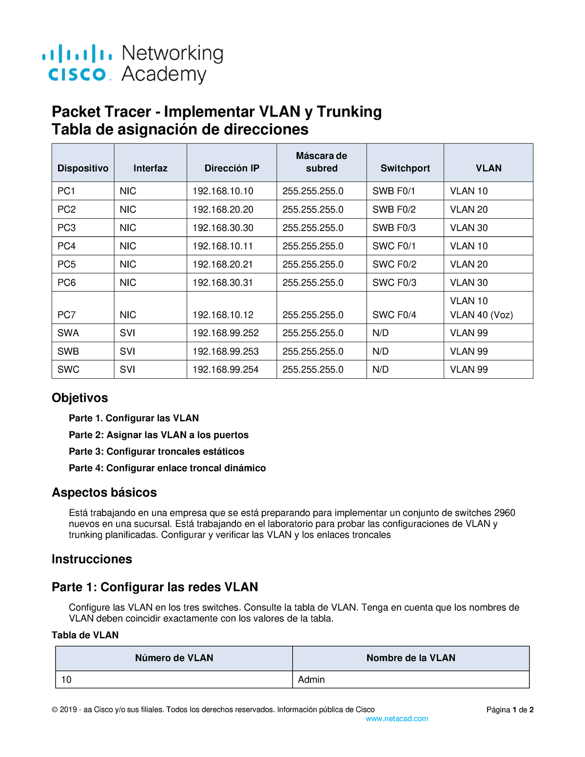 3.6.1-packet-tracer -implement-vlans-and-trunking Es-XL - © 2019 - Aa ...