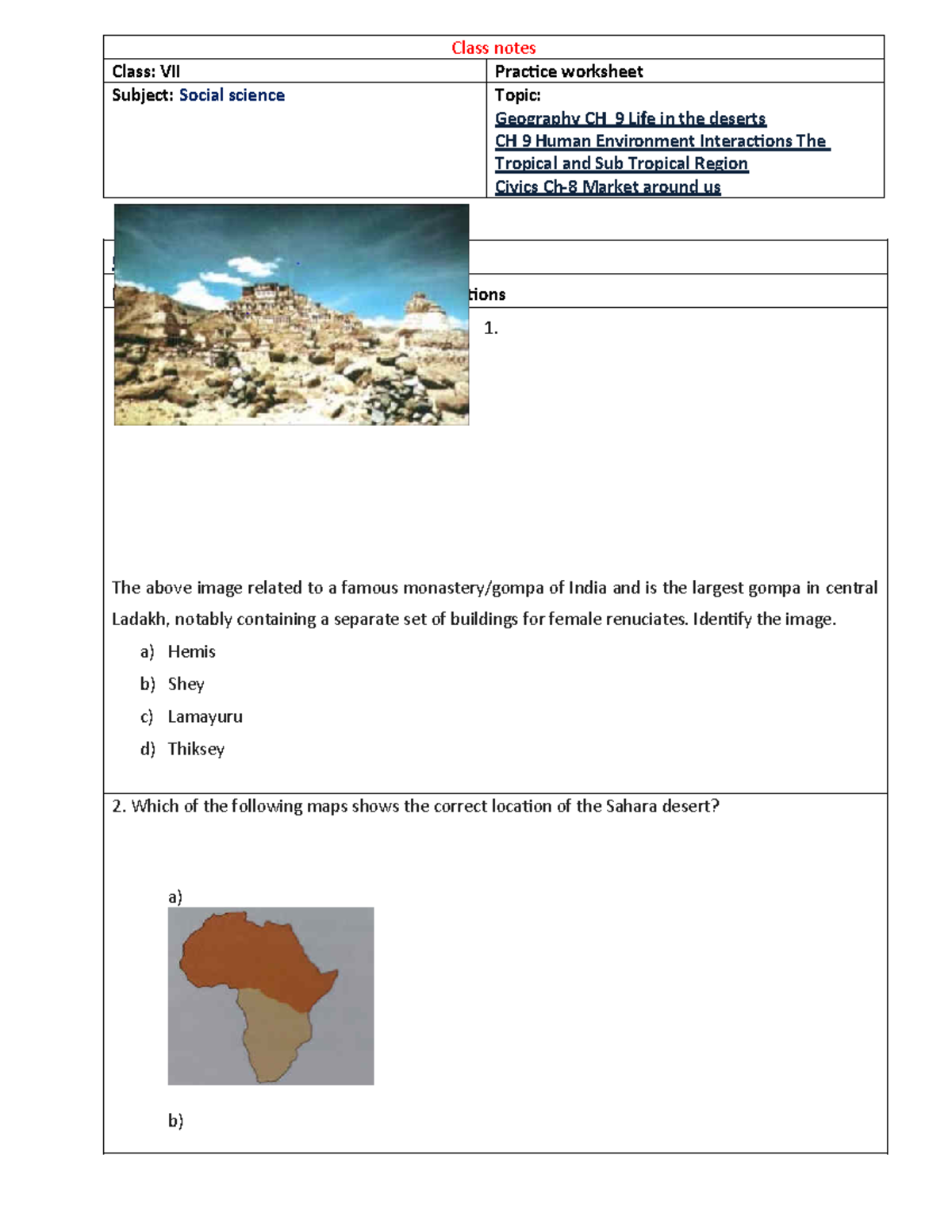 7-SSt - sstd - Class notes Class: VII Practice worksheet Subject ...