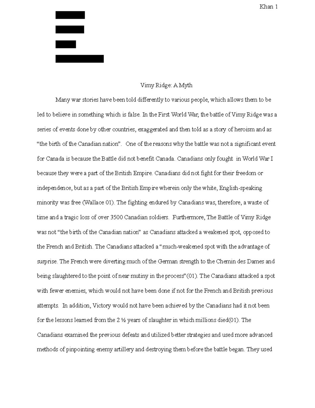 Vimy Ridge Paragraph - assignment - Khan 1 Nadir Khan Ms Forsyth CHC2D ...