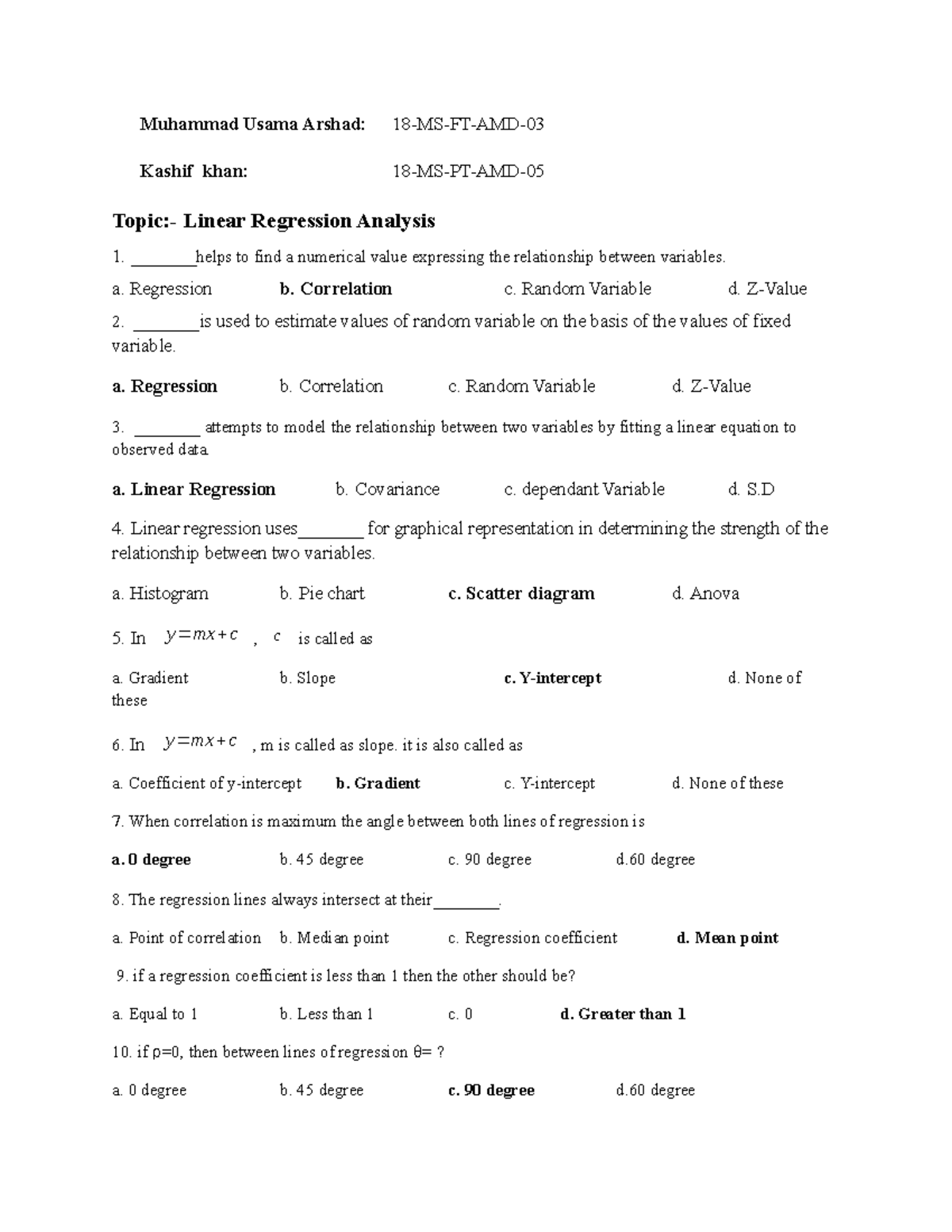 Linear Regression Analysis Mcqs - Muhammad Usama Arshad: 18-MS-FT-AMD ...