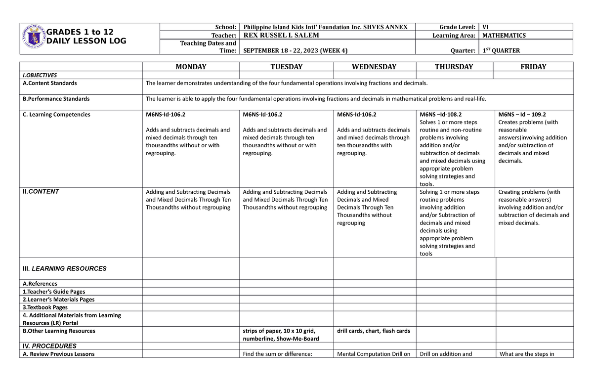 DLL Mathematics 6 Q1 W4 - th eha wwa hdas jnwqjkh as - GRADES 1 to 12 ...