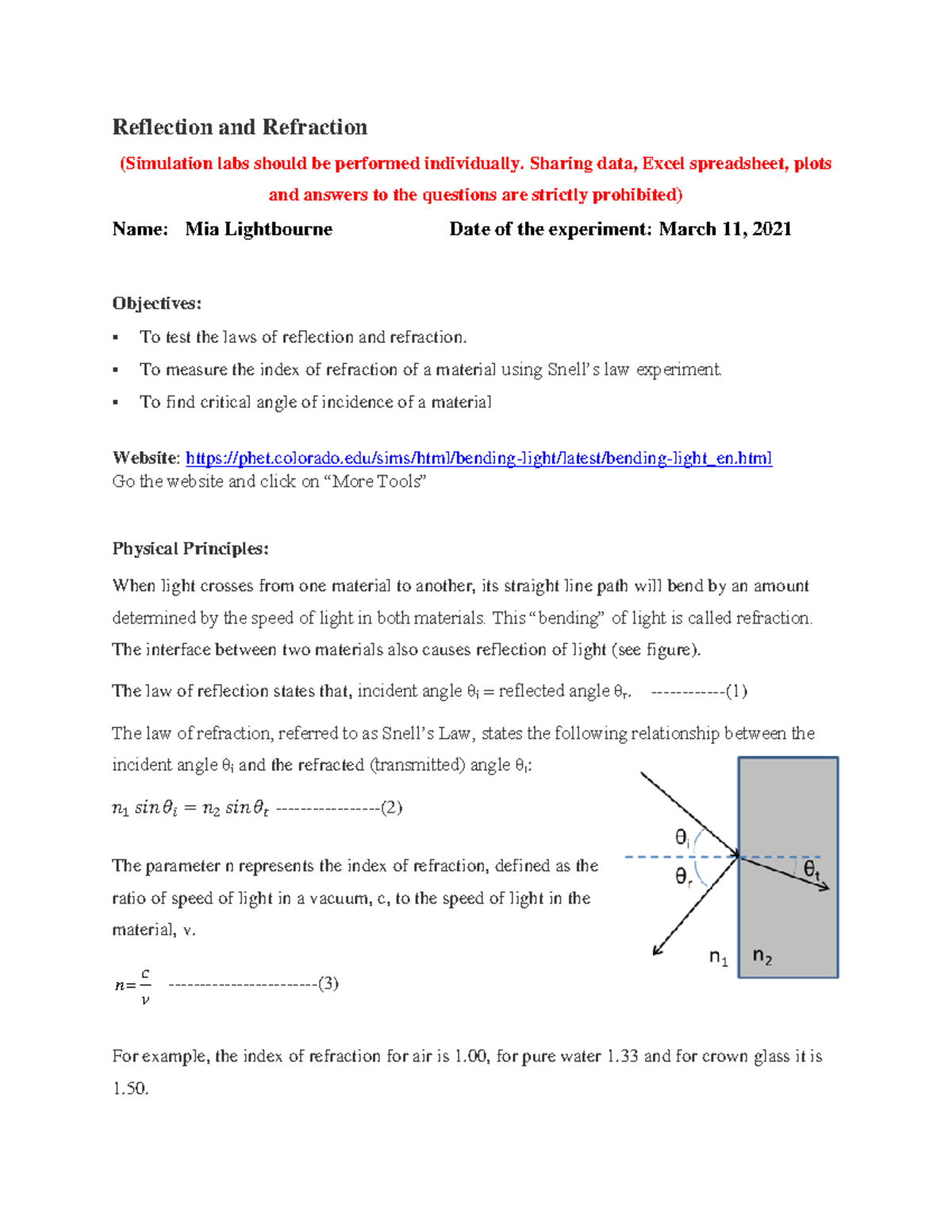 Lab6 Law Of Reflection Refraction Phys165 Spring 2022 Reflection And