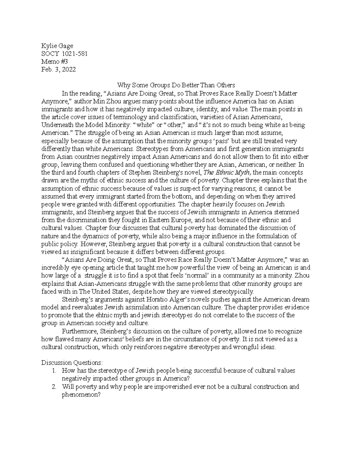 Memo #3 - memos based on articles - Kylie Gage SOCY 1021- Memo # Feb. 3 ...