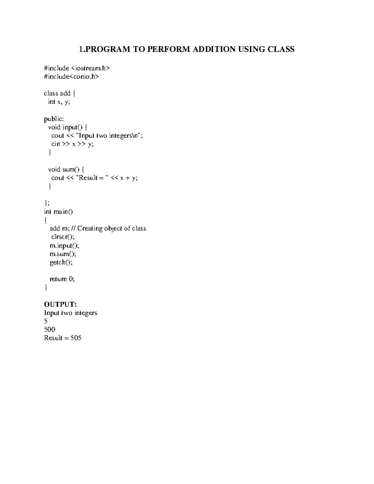 Programming Data Structure Lab Manual 1 TO PERFORM ADDITION USING CLASS include include