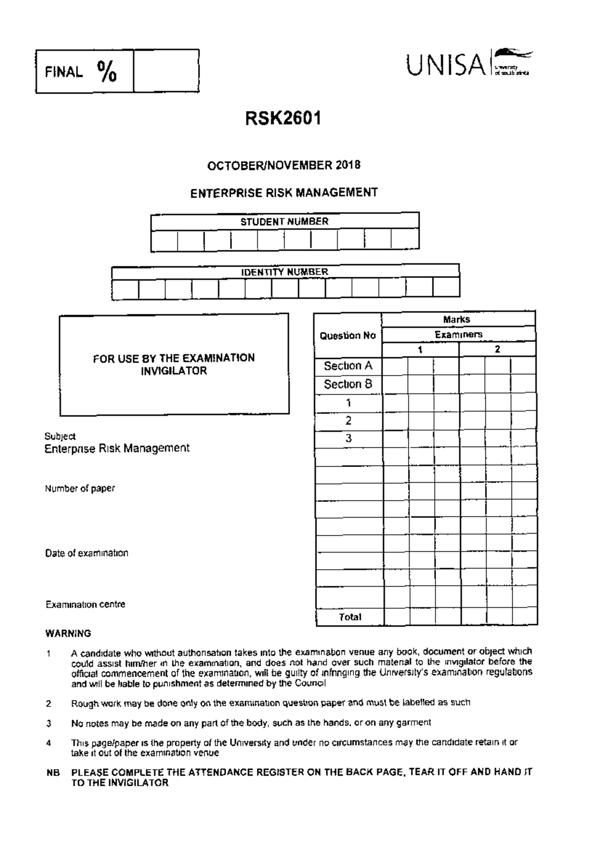 RSK2601 2018 10 E 1 - exam paper - FINAL UNISA university of south ...