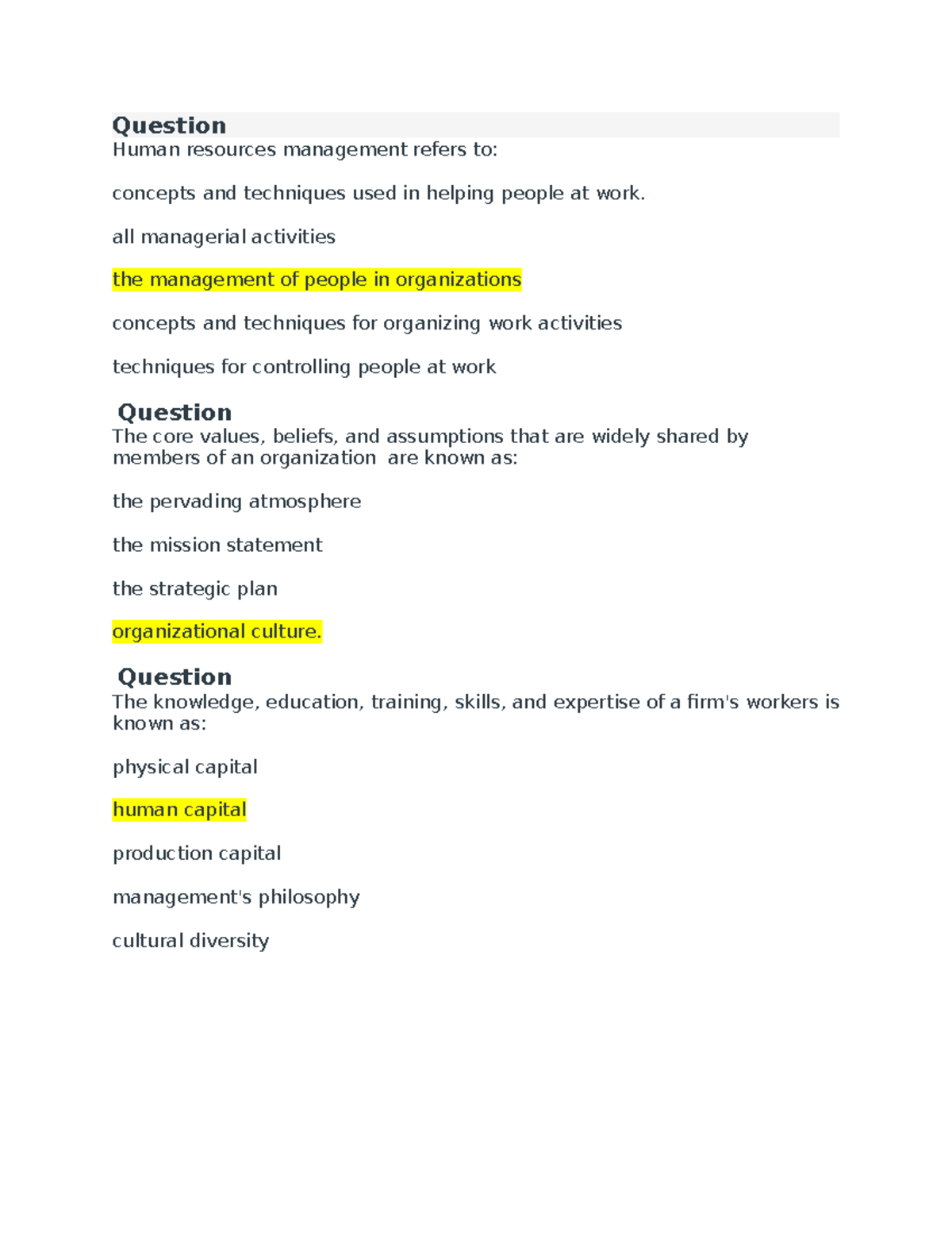 Quiz+solutions+chapters+1+and+2 - Human resources management refers to ...
