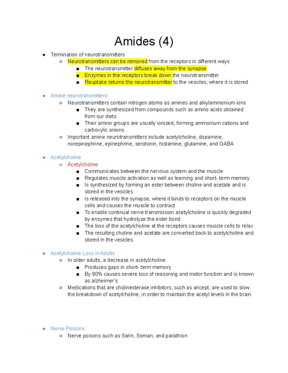 Amides - Acetylcholine - Amides (4) Termination of neurotransmitters ...