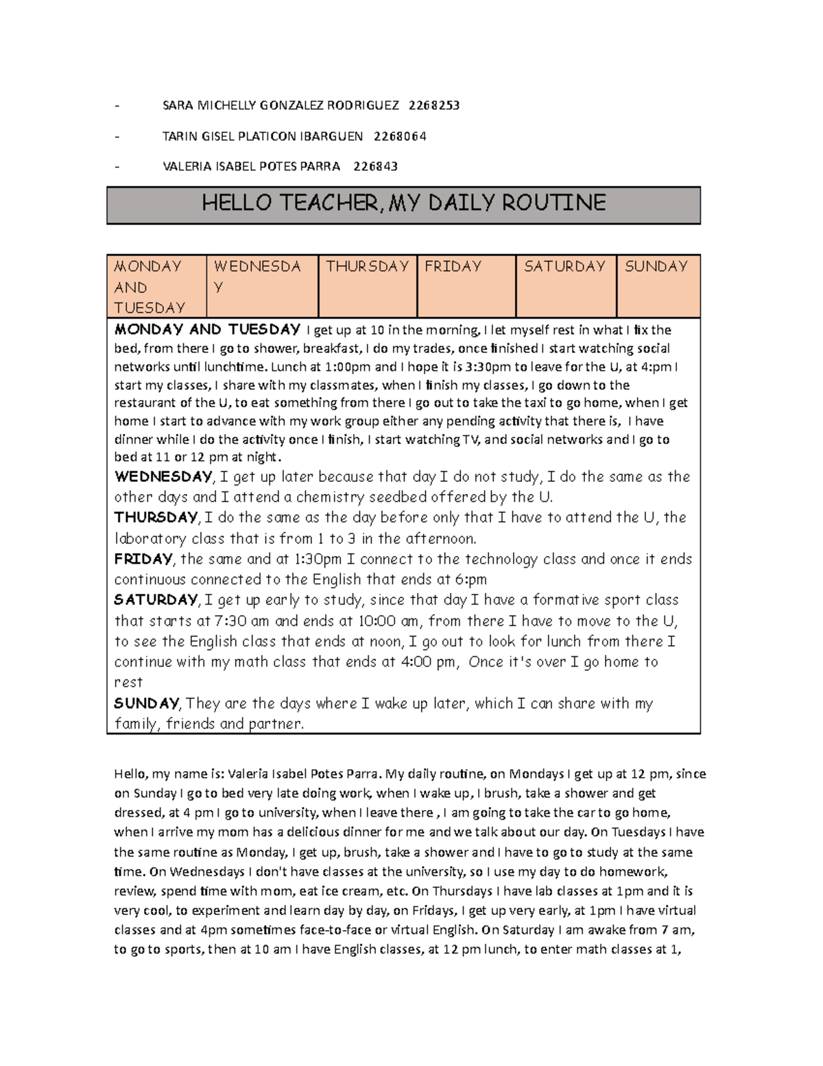 Daily routines - rutina - SARA MICHELLY GONZALEZ RODRIGUEZ 2268253 ...