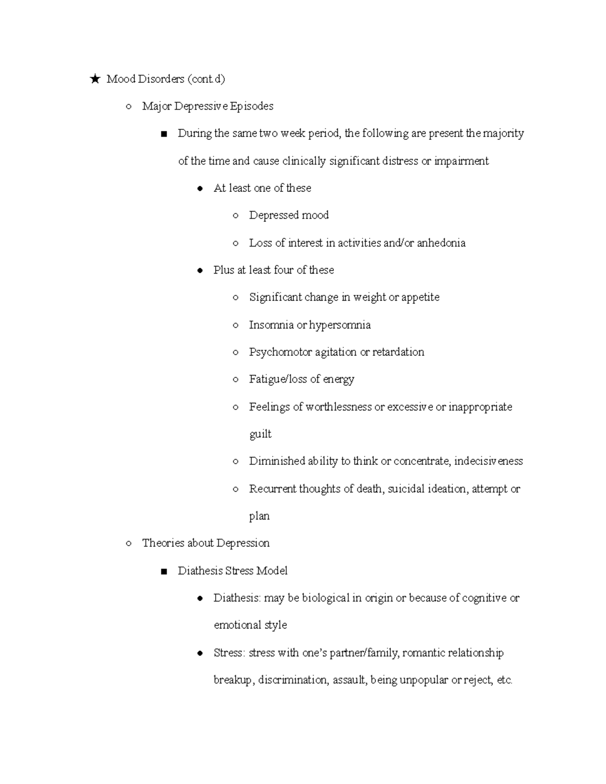 10/14 class notes - ★ Mood Disorders (cont) Major Depressive Episodes ...
