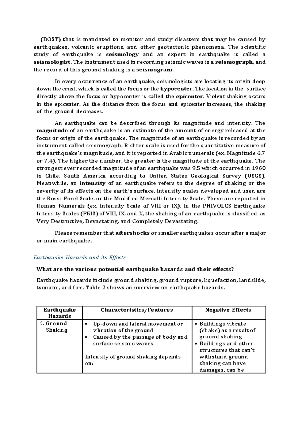 Summary OF Earthquake Hazards - (DOST) that is mandated to monitor and ...