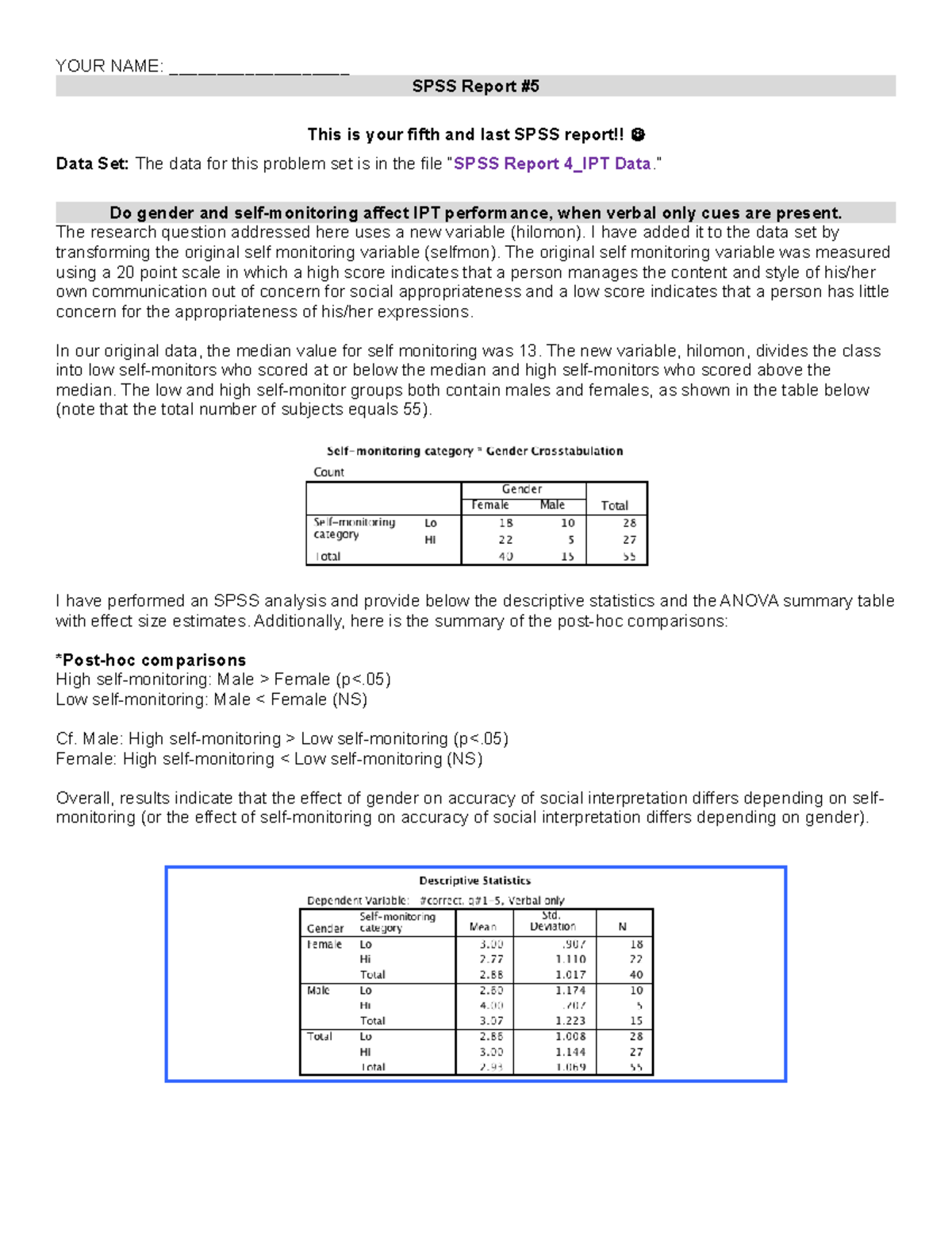 HW SPSS Report 5 - YOUR NAME: ___________________ SPSS Report # This is ...