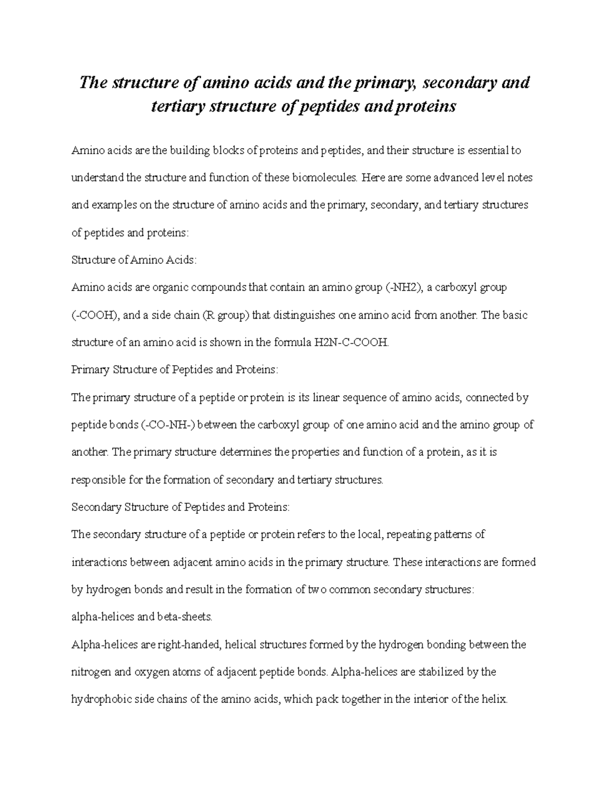 Notes on The structure of amino acids and the primary, secondary and ...