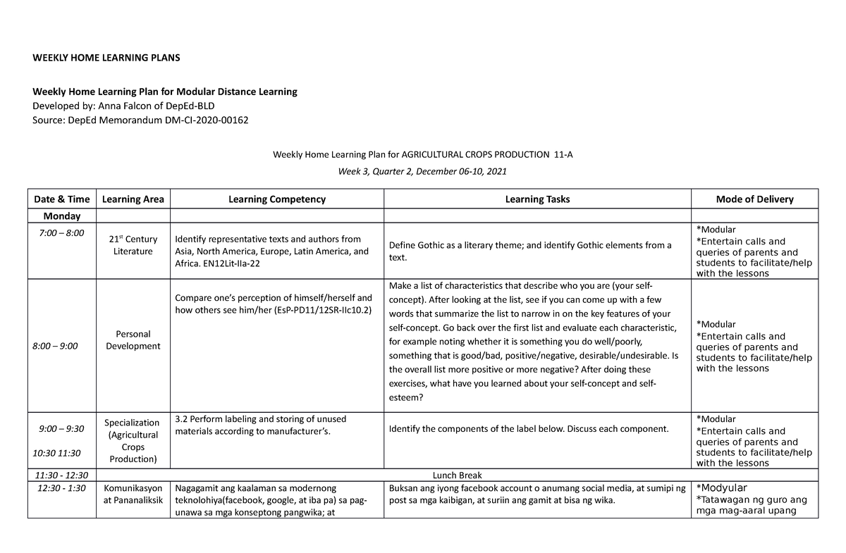 JACQ WHLP-3 - weekly learning plan 3 - WEEKLY HOME LEARNING PLANS ...