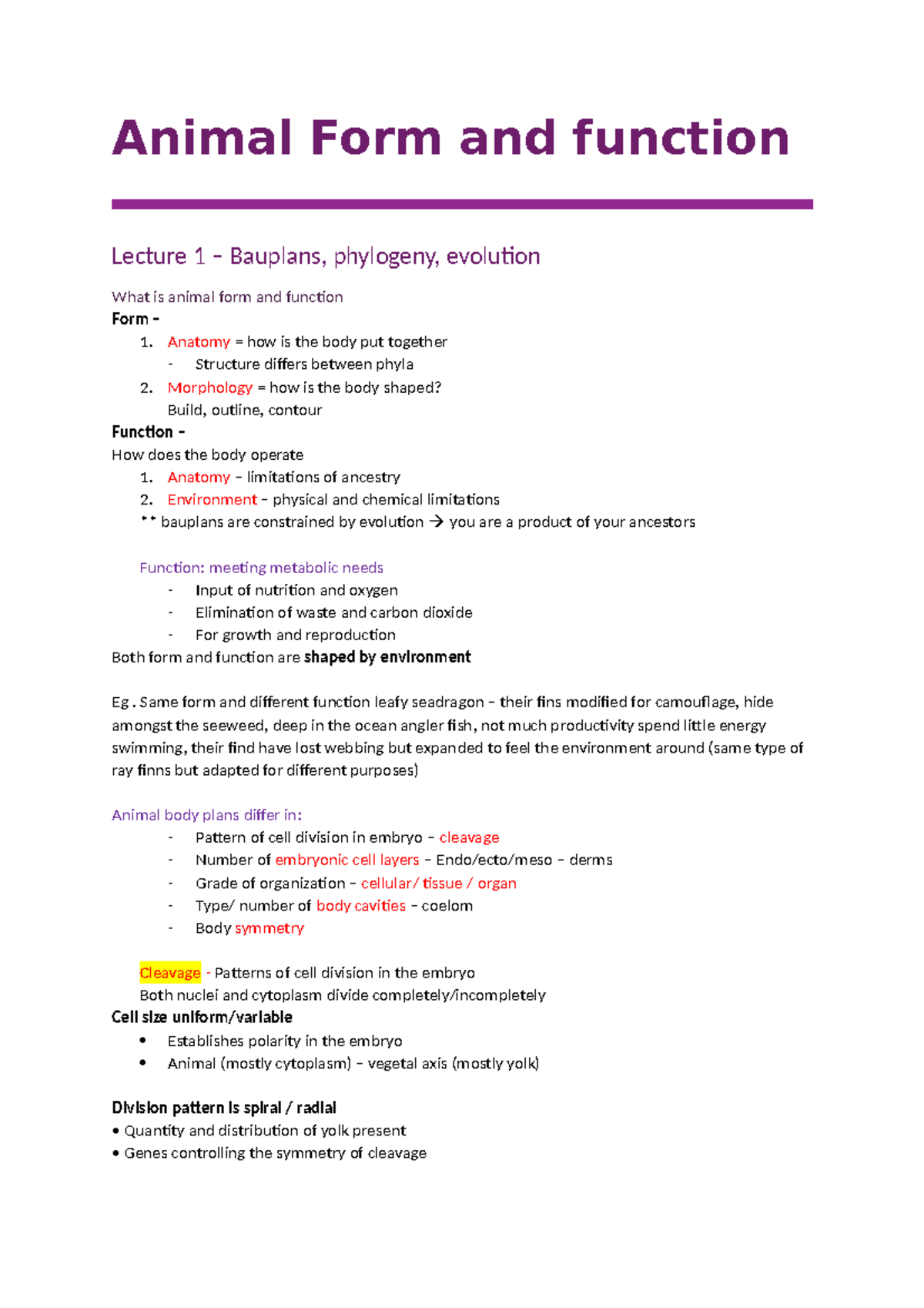 Animal Form and function 1 - Animal Form and function Lecture 1 ...