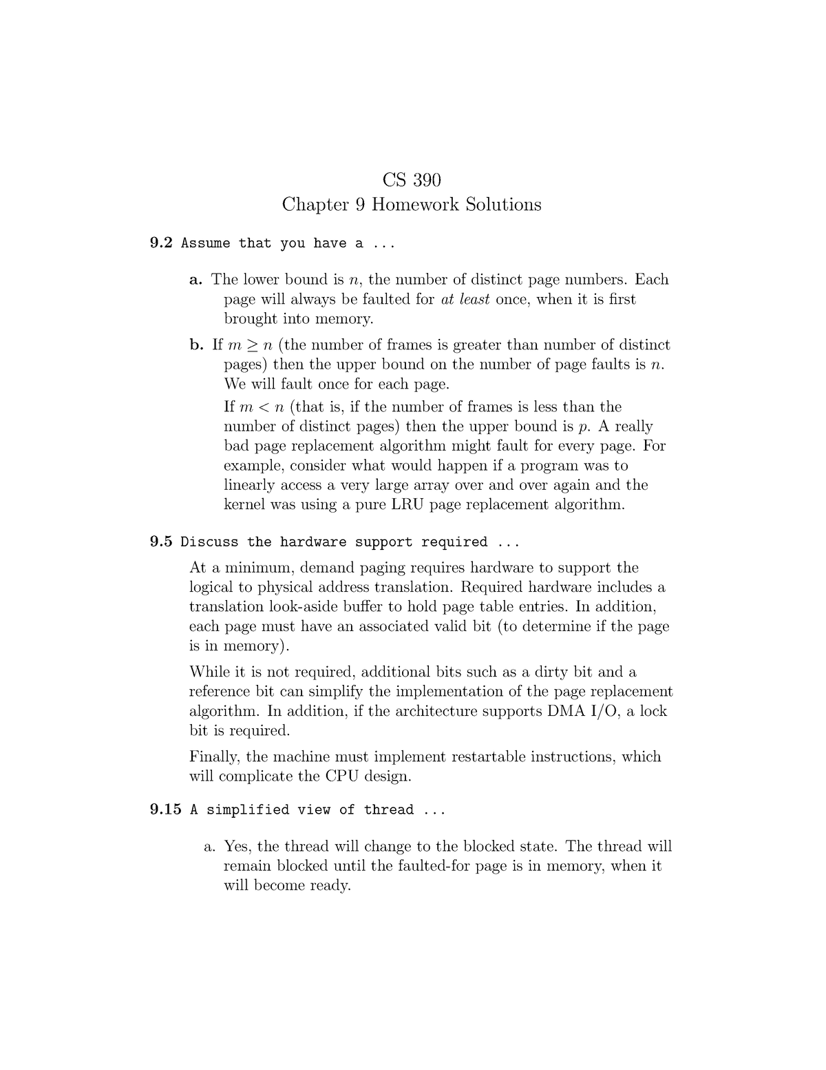 Chapter 9 - Student - CS 390 Chapter 9 Homework Solutions 9 Assume That ...