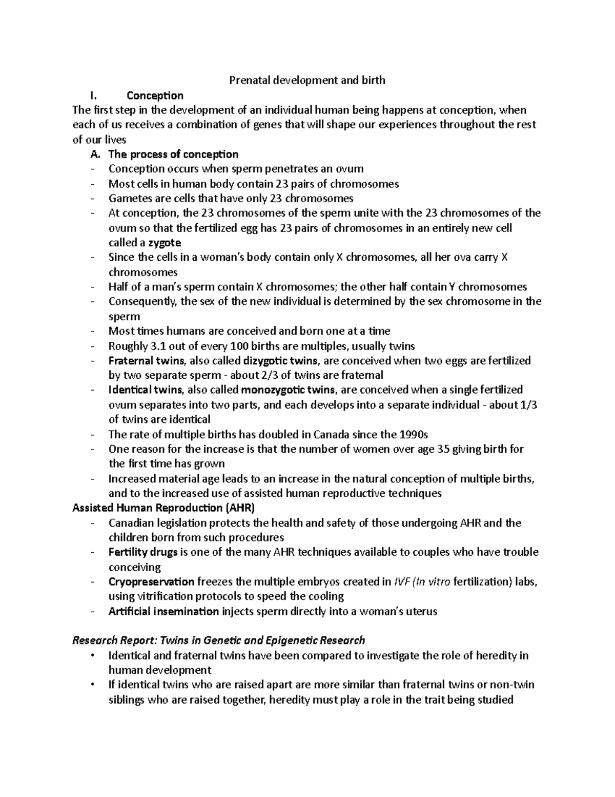 Chap3 - www - Prenatal development and birth I. Conception The first ...