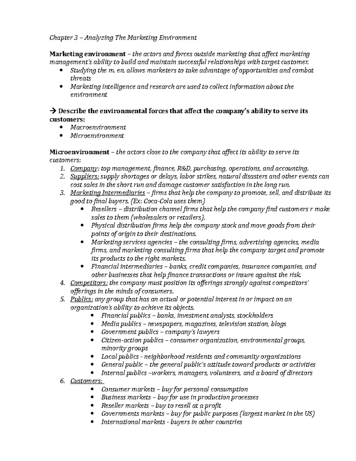 Chapter 3 – Analyzing The Marketing Environment - Chapter 3 Analyzing ...