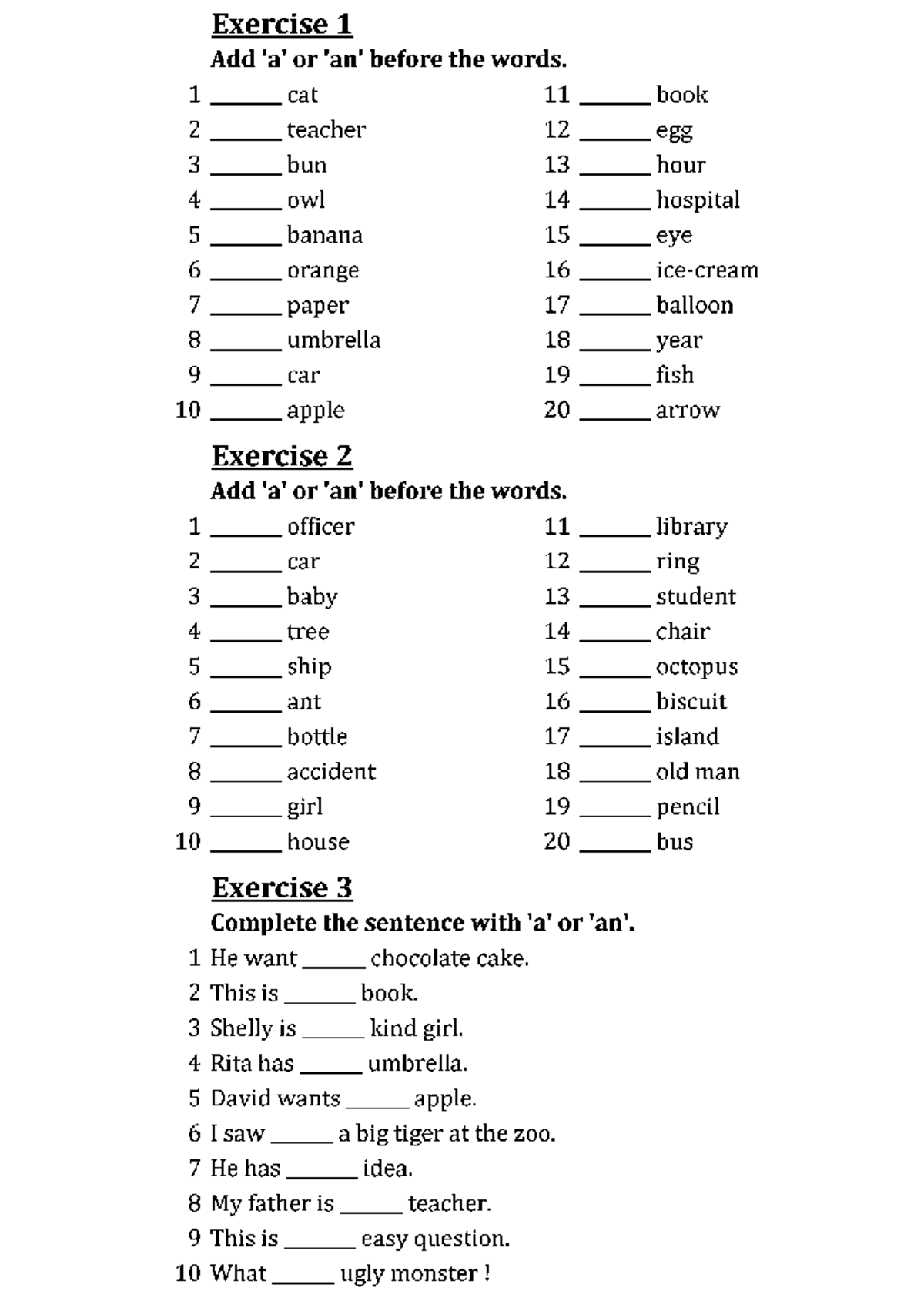 Article - note - Exercise 1 Add or before the words. 1 cat 11 book 2 ...