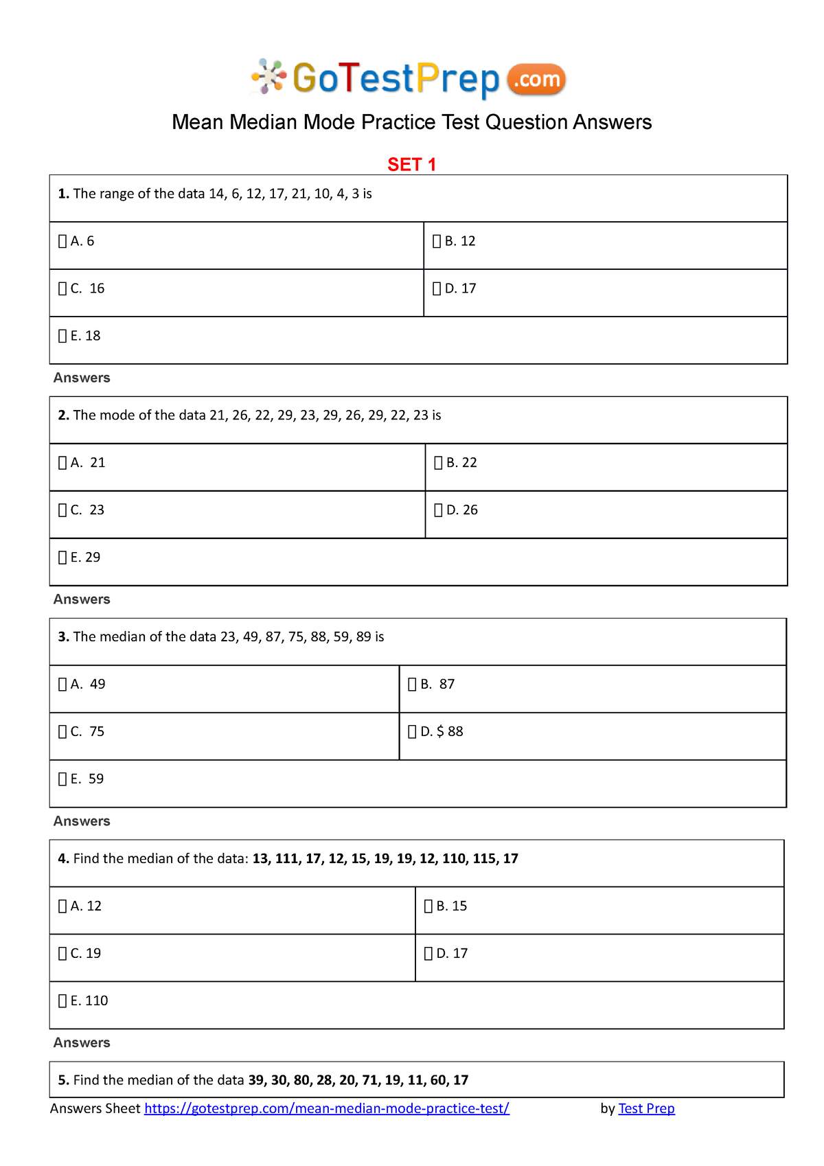 Mean Median Mode Practice Test - The range of the data 14, 6, 12, 17 ...