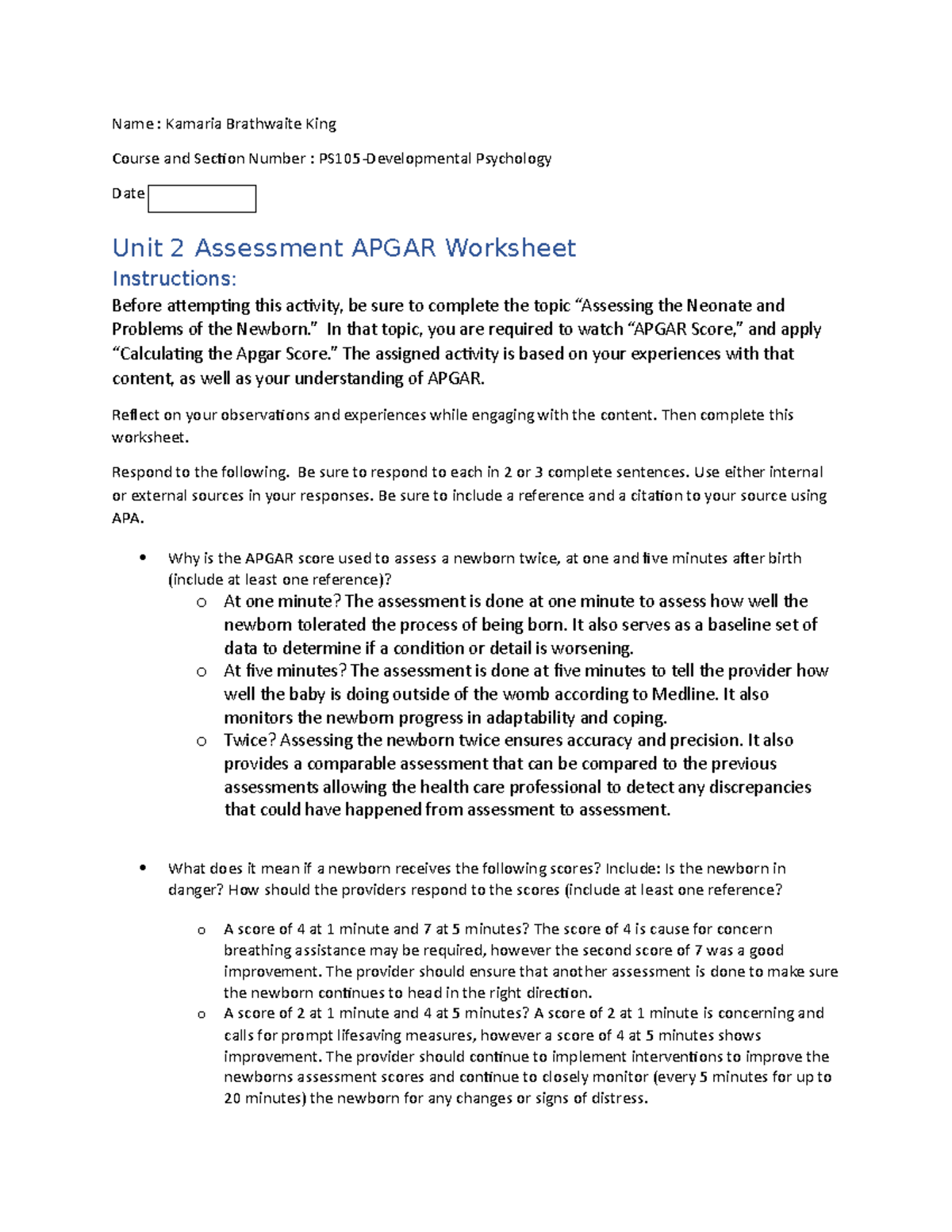 Apgar Assignment - Name : Kamaria Brathwaite King Course and Section ...