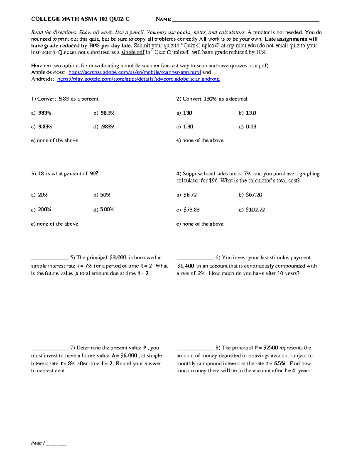 Quiz C spring B 2024 - 111111 - COLLEGE MATH ASMA 103 QUIZ C NAME - Studocu