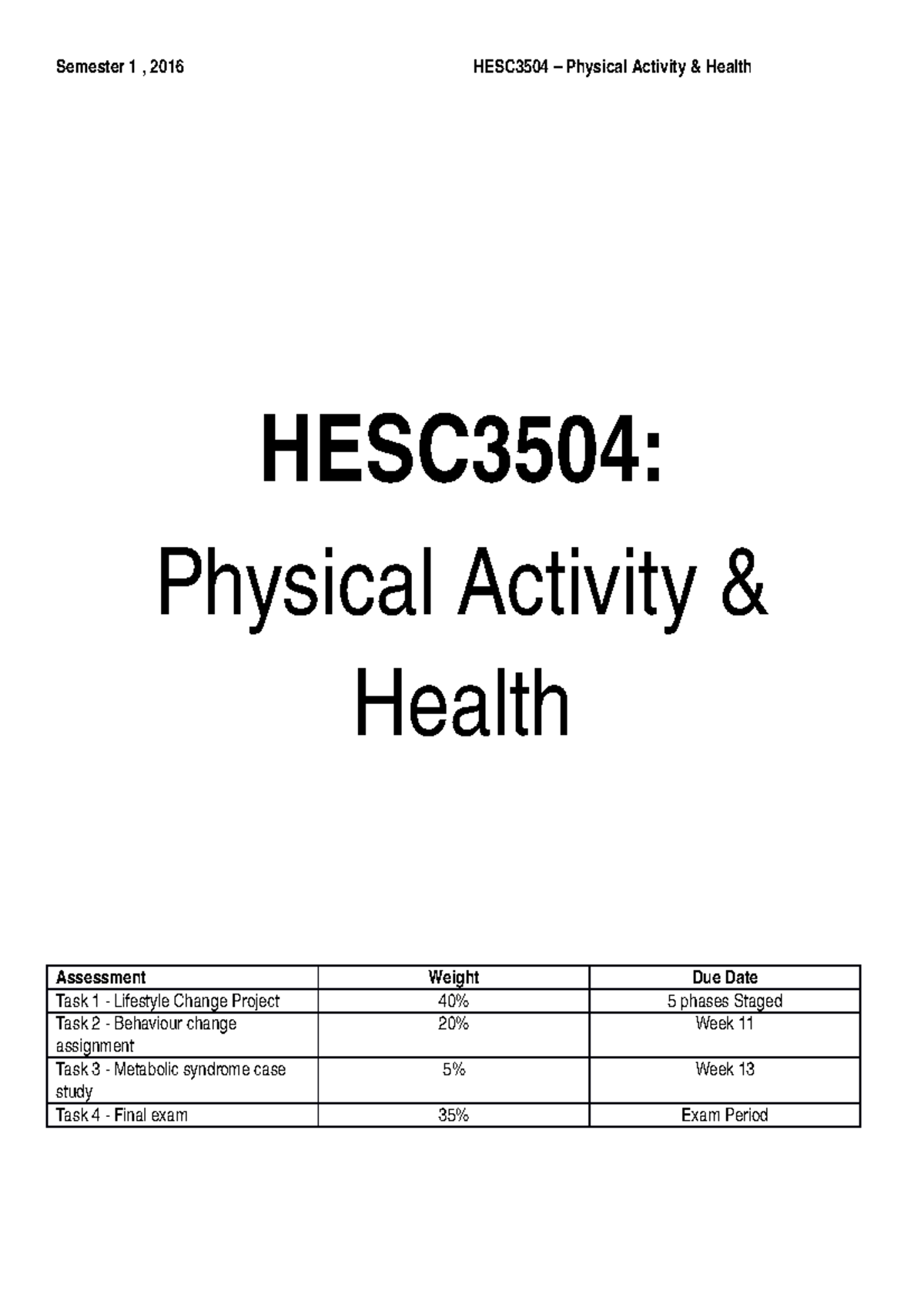 HESC3504 Notes final exam lecture notes Semester 1 , 2016 HESC3504