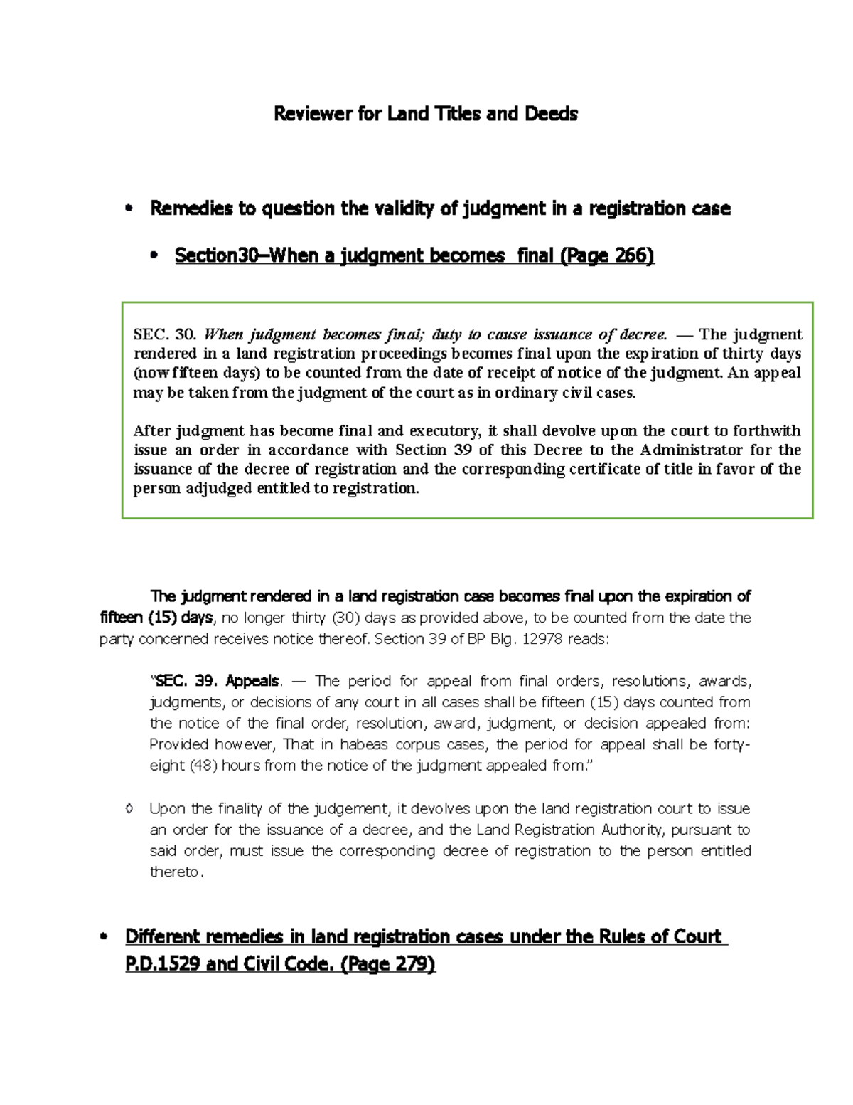 Midterm Reviewer for Land Titles and Deeds Reviewer for Land Titles