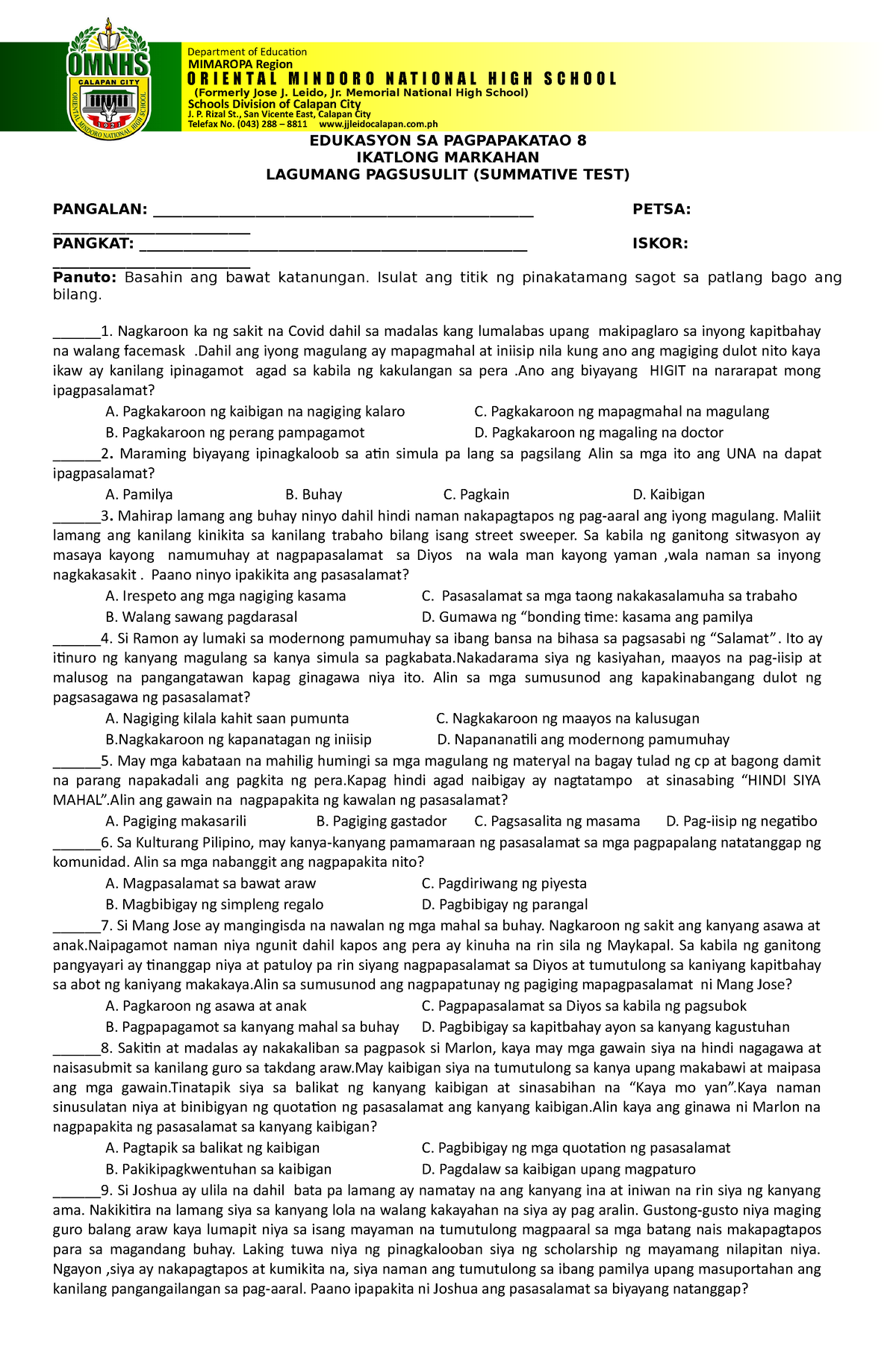 ESP 8 3rd Summative Test Questions - MIMAROPA Region O R I E N T A L M ...