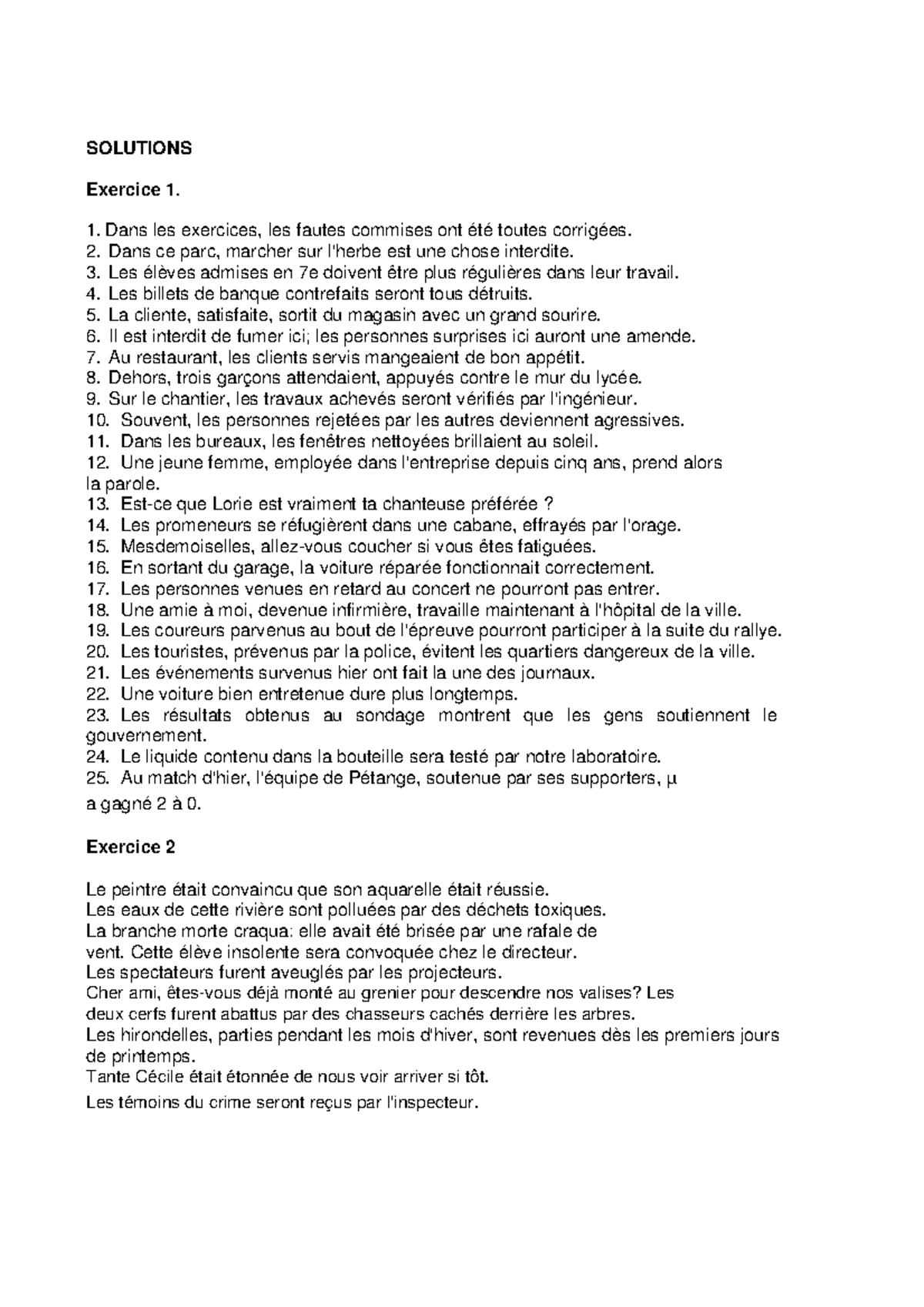 1c laccord du particip pass solutions solutions exercice 1 dans