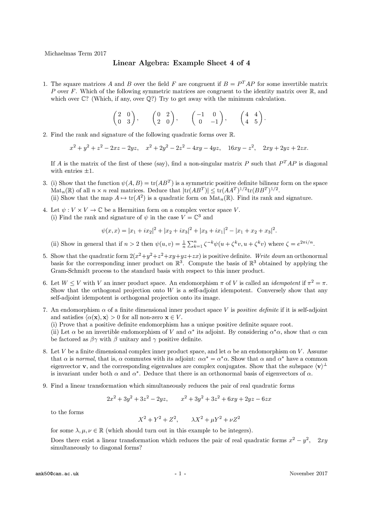 Linear Algebra 17 18 Example Sheet 4 Studocu