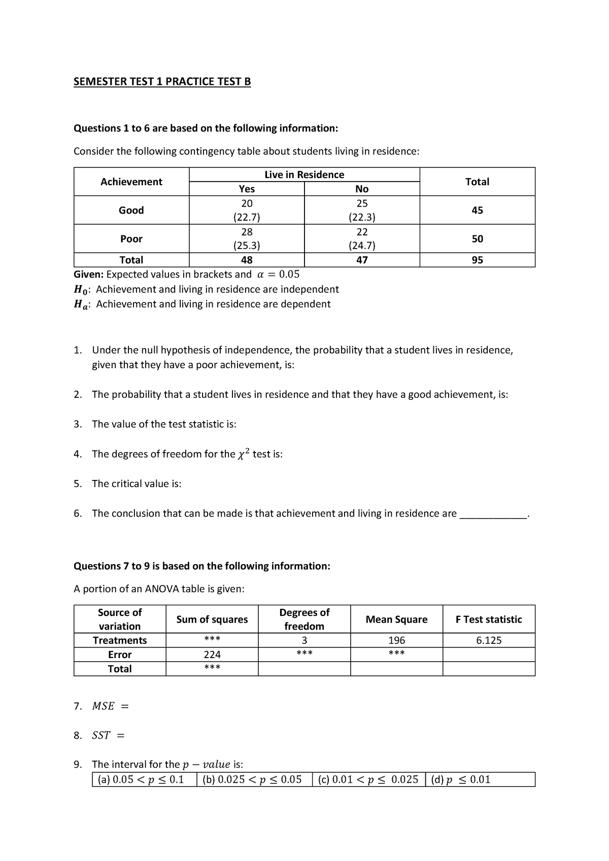 Semester TEST 1 Practice TEST B - SEMESTER TEST 1 PRACTICE TEST B ...