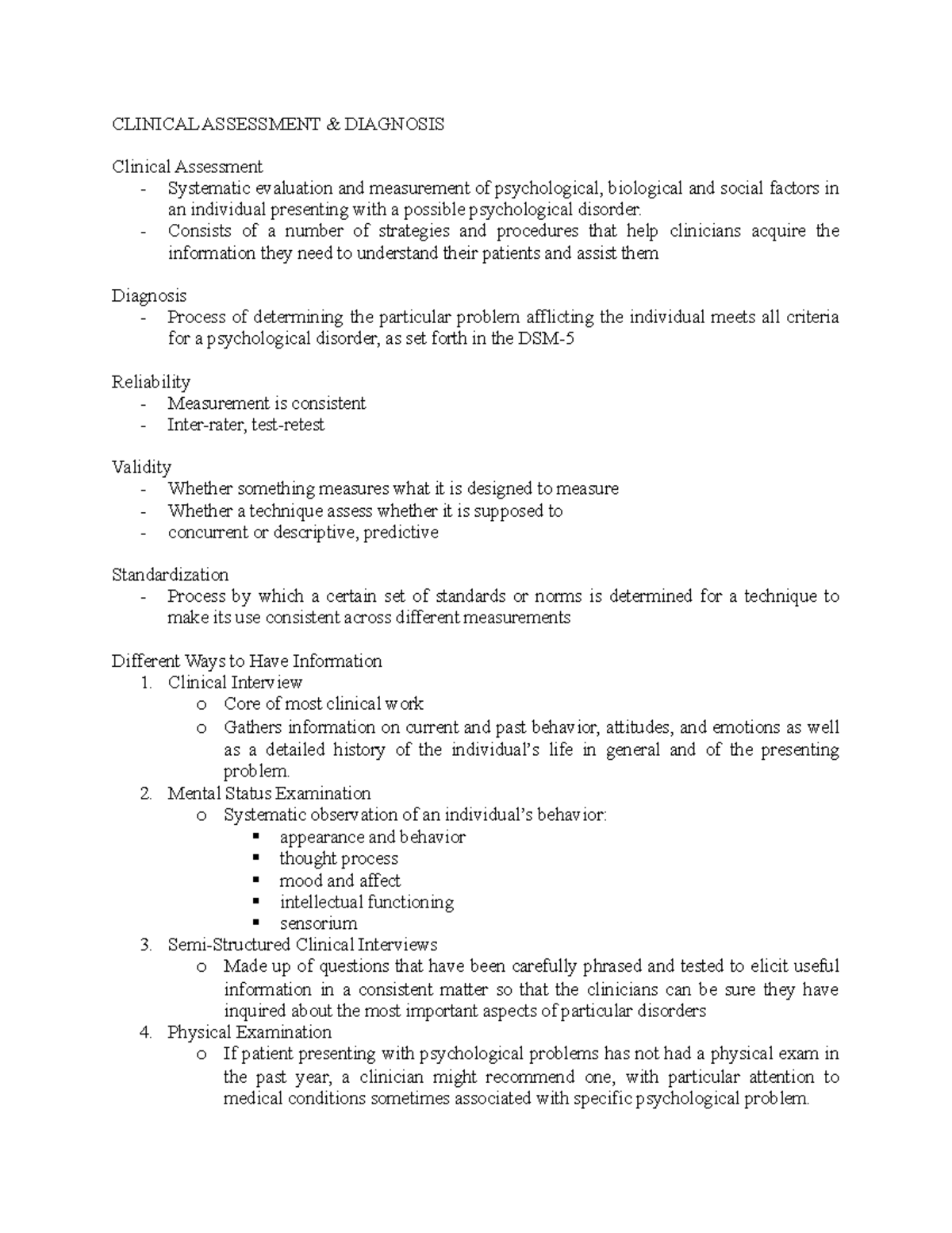 Clinical Assessment - Summary of lecture notes - CLINICAL ASSESSMENT ...