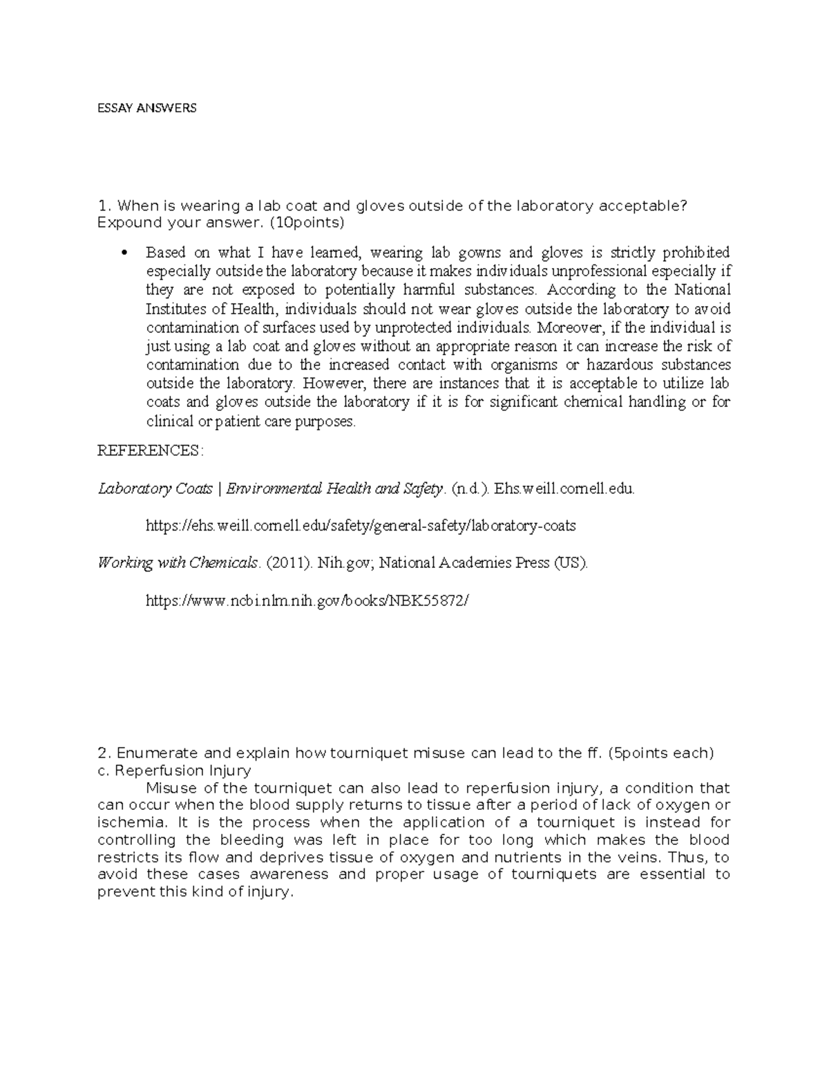 LAB MANUAL ANSWERS - ESSAY ANSWERS 1. When is wearing a lab coat and ...