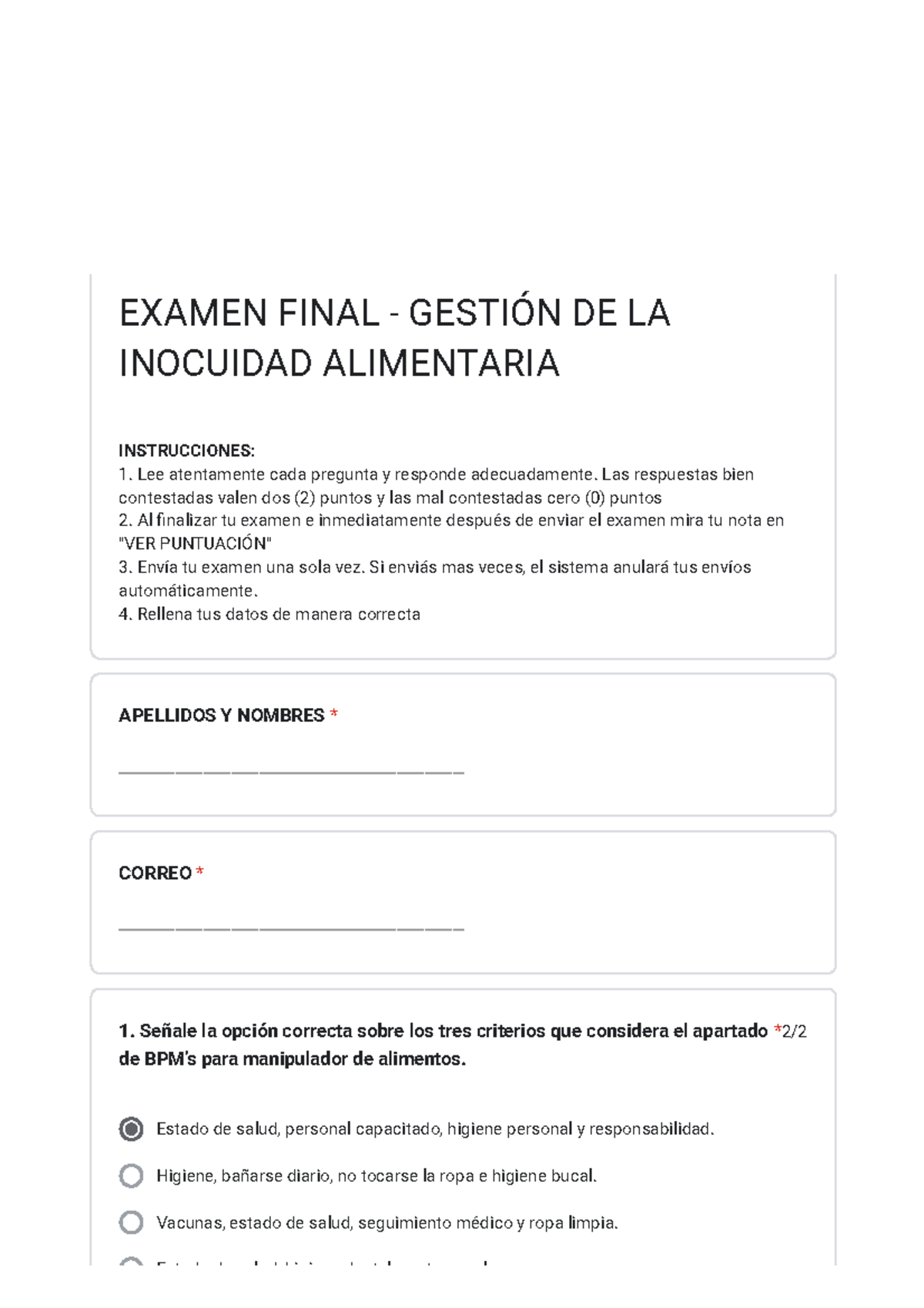 Examen Final Gestion DE LA Inocuidad Alimentaria - 2/ Estado de salud ...