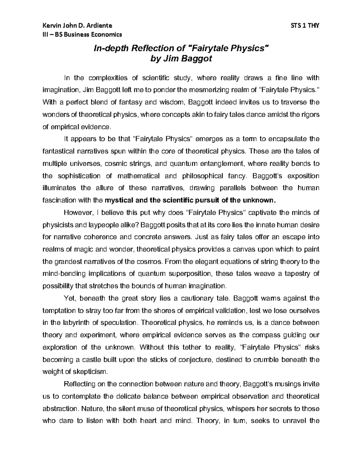 STS 1 Reflection Essay - Kervin John D. Ardiente STS 1 THY III – BS ...