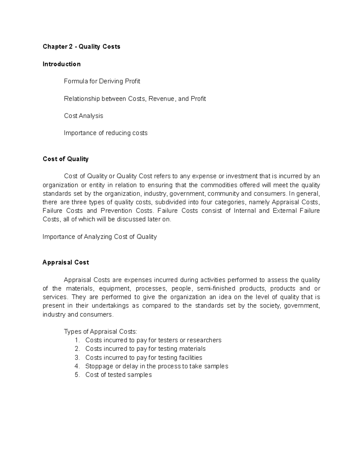 Chapter 2 Quality Costs Chapter 2 Quality Costs Introduction