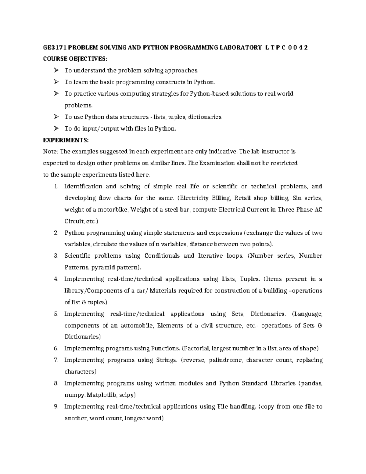 Lab Syllabus - PYTHON - GE3171 PROBLEM SOLVING AND PYTHON PROGRAMMING ...