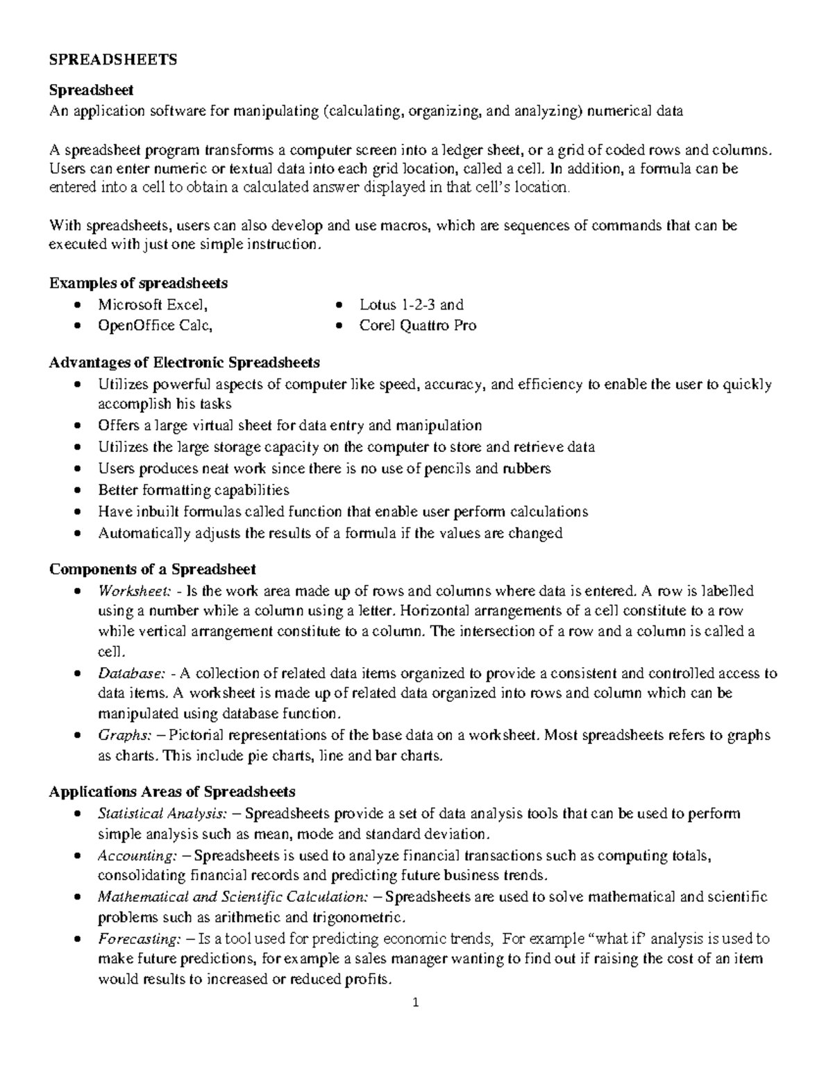 Spreadsheets lecture notes SPREADSHEETS Spreadsheet An application